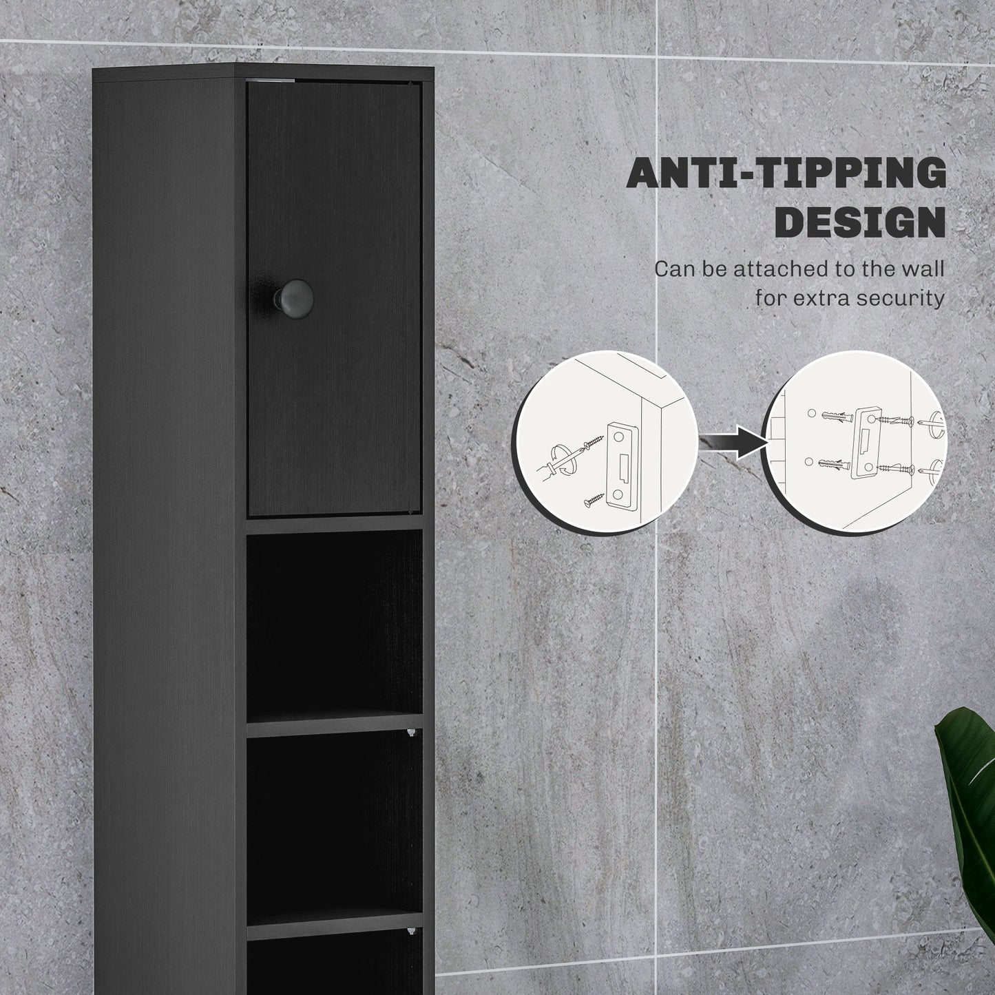 kleankin 180cm Slim Bathroom Cabinet, with Drawer, Shelves and Cupboards - Black