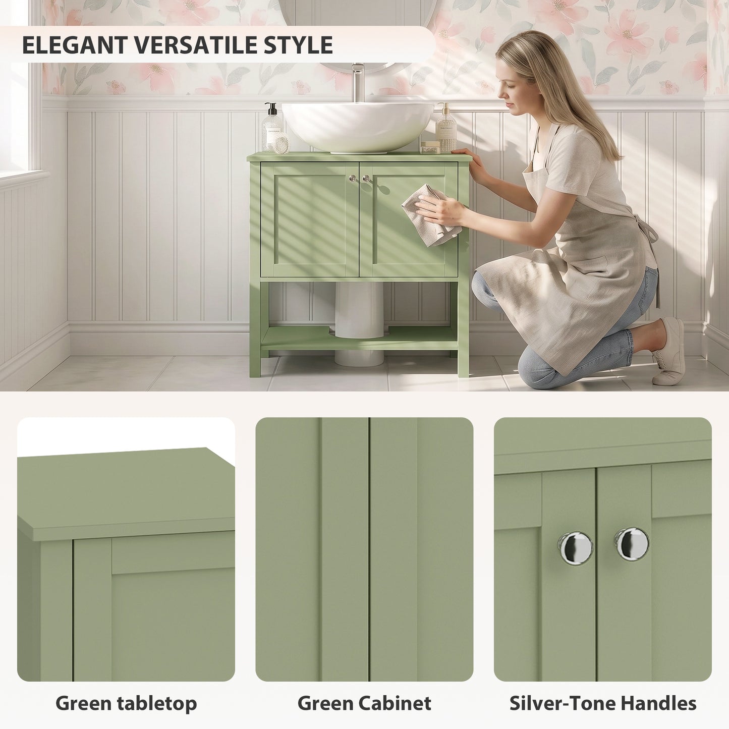 HOMCOM Under Sink Bathroom Cabinet with 2 Doors, Open Shelf and U-Shape Cut-Out for Basin with or without Pedestal, Green
