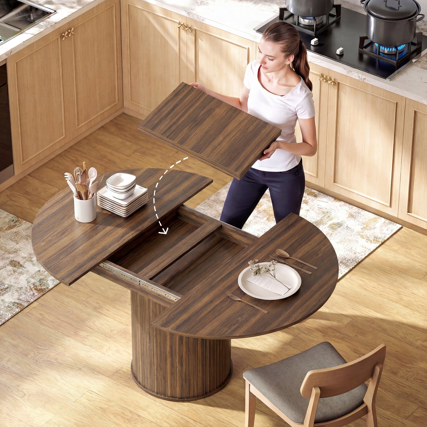 HOMCOM Extendable Round Dining Table Kitchen Table Hidden Leaf Storage Pedestal Base Seats 6-8 110-150 cm Dark Walnut