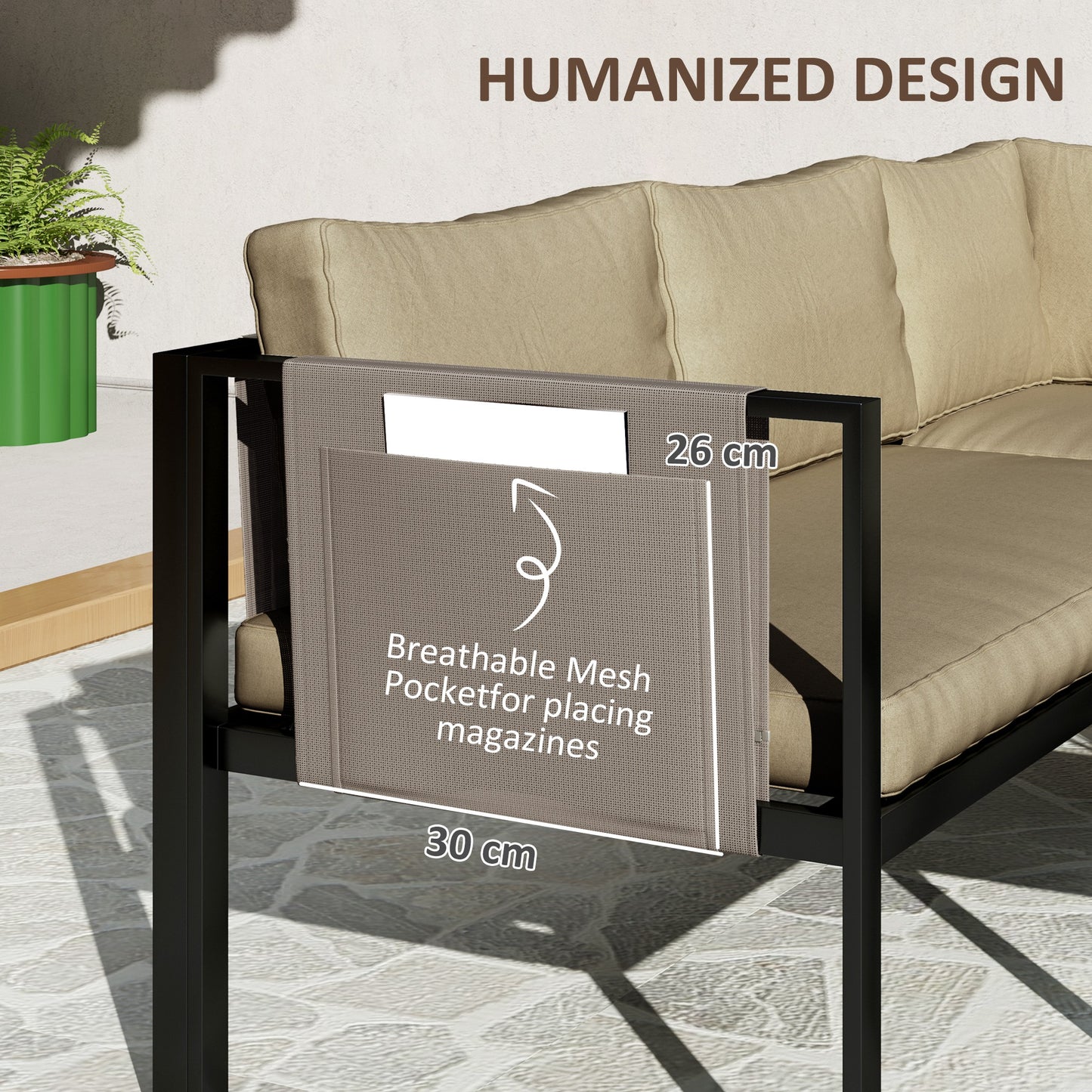 Outsunny 4 Pc Metal Garden Furniture Set w/ Glass Coffee Table, Mesh Pocket, Sofa Loveseat, Padded Cushions, Khaki
