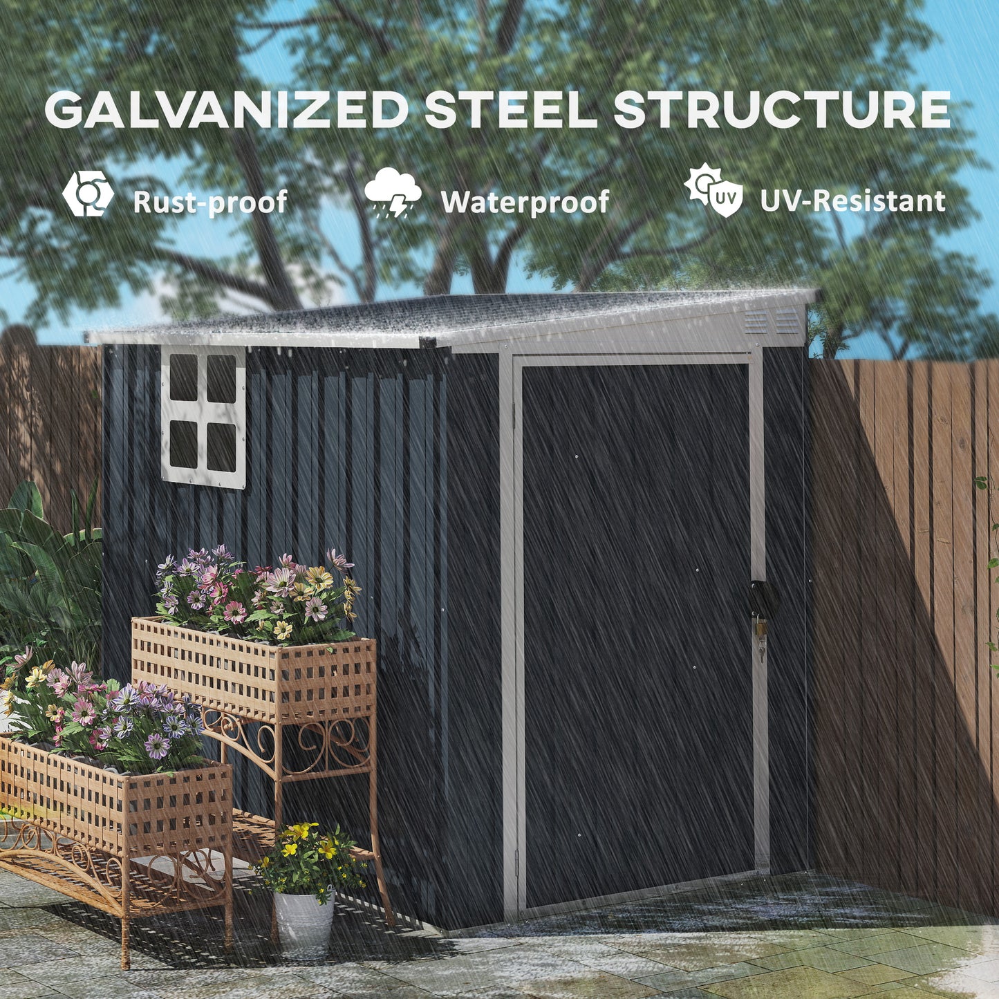Outsunny 4 x 6ft Garden Metal Shed, Outdoor Storage Shed with Window, 2 Vents and Lockable Door for Garden, Patio, Dark Grey