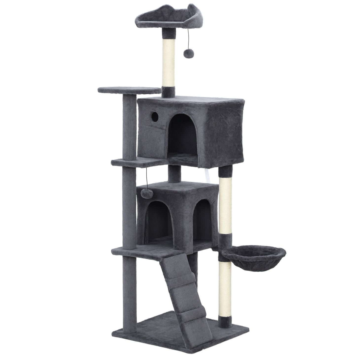PawHut 160cm Large Cat Tree Tower with Sisal Scratching Posts, Condos, Plush Perches, Hammock, Ladder, Dark Grey