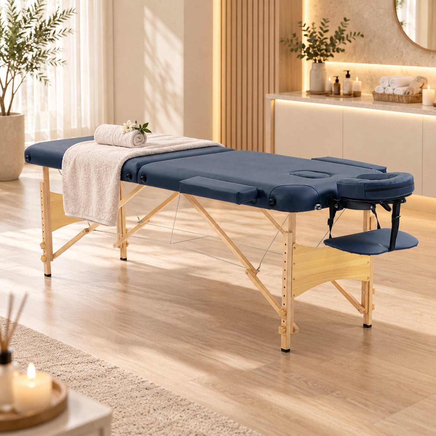 HOMCOM Portable Massage Bed, Folding Spa Beauty Massage Table with 2 Sections, Carry Bag and Wooden Frame, Dark Blue