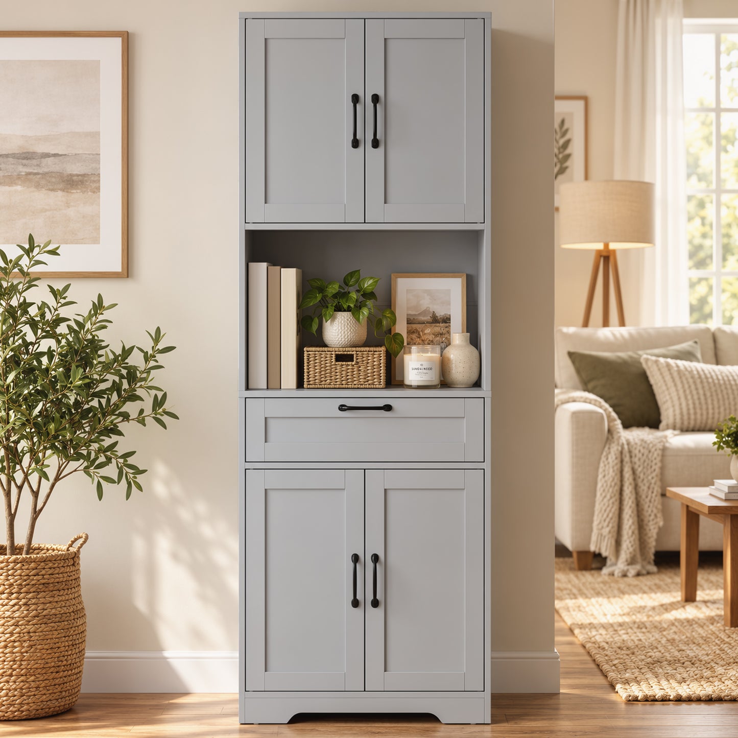 HOMCOM 170 cm Tall Kitchen Pantry with Adjustable Shelves, Freestanding Storage Cabinet with Open Shelf, Grey