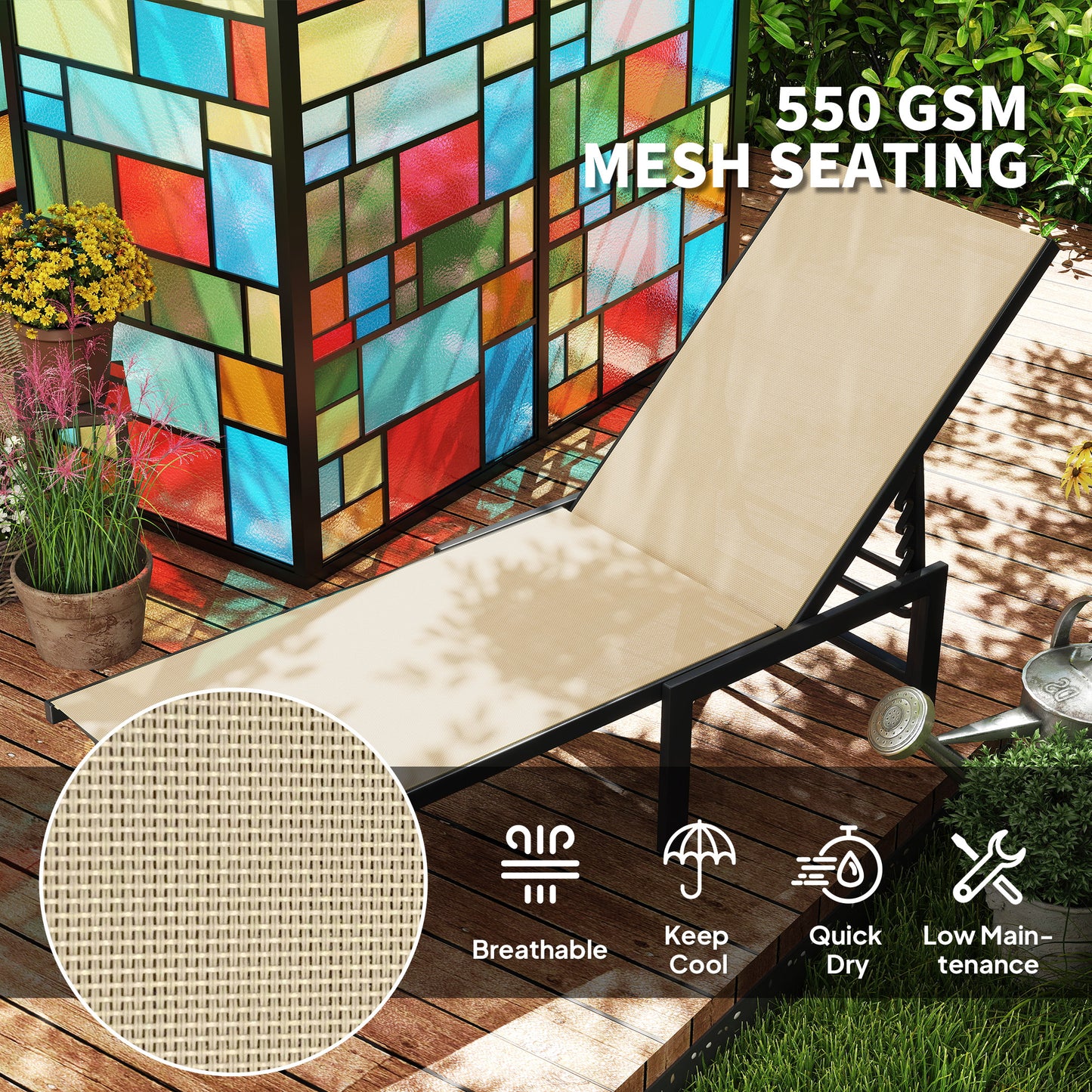 Outsunny 5-Level Adjustable Reclining Sun Lounger, Texteline Seat, Steel Frame for Garden, Patio, Beach, Sunbed Chair, Khaki