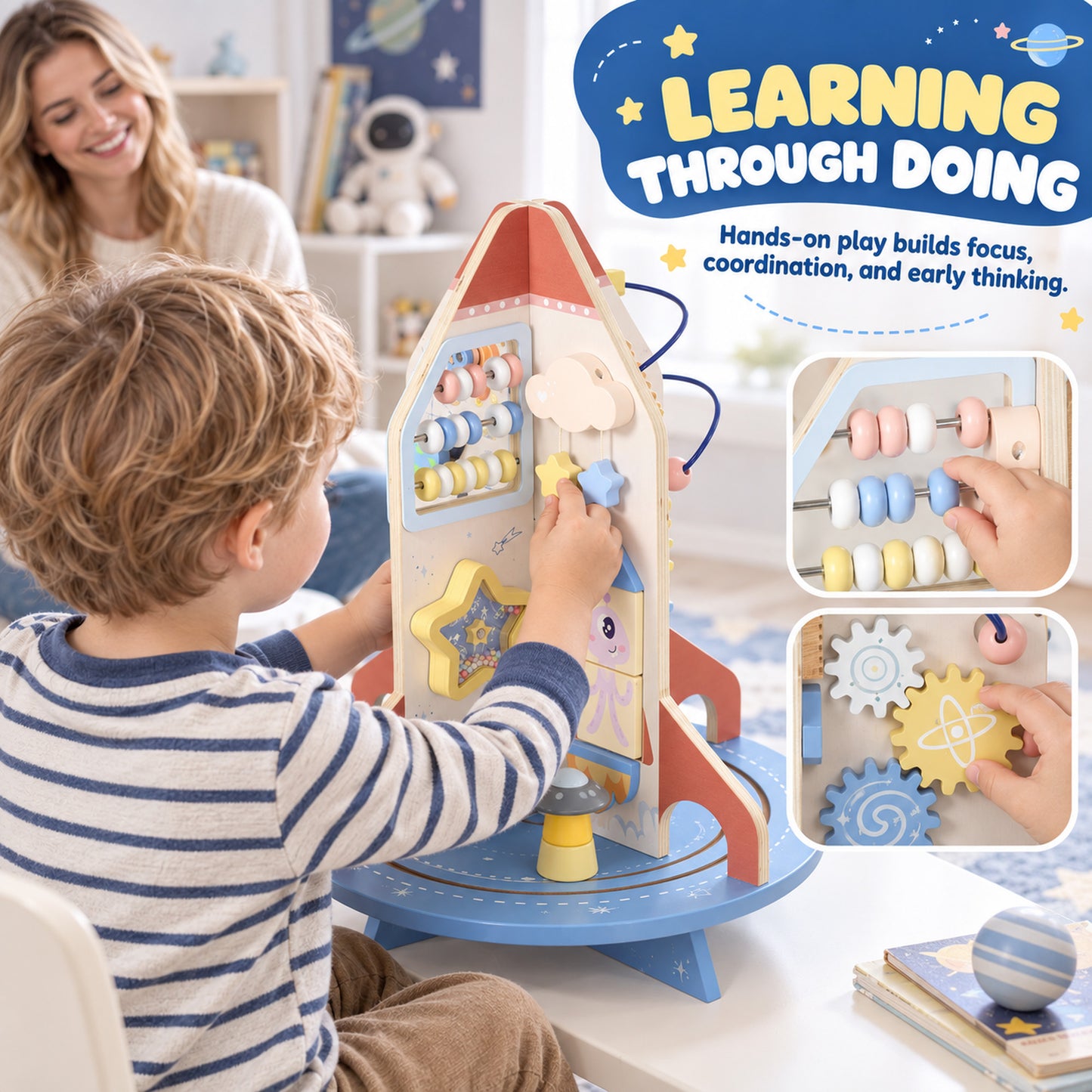 AIYAPLAY Wooden Activity Cube, Rocket Theme Educational Toys with Shape Sorter & Bead Maze for Toddlers 24M-6Y Fine Motor Skill