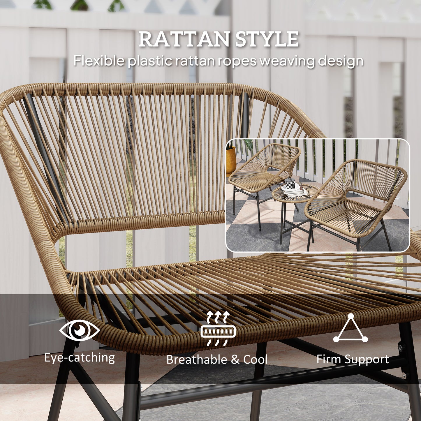 Outsunny 3-Piece Rattan Bistro Set, Garden Table & Chairs with Cushions, Glass Top for Patio/Balcony