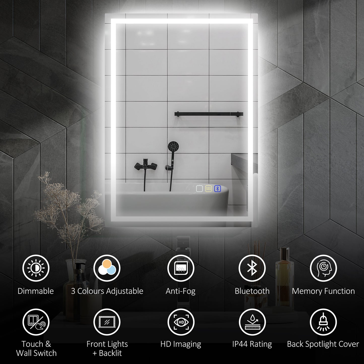 HOMCOM 50 x 70 cm Bluetooth LED Bathroom Mirror with Demister Pad - Silver Tone