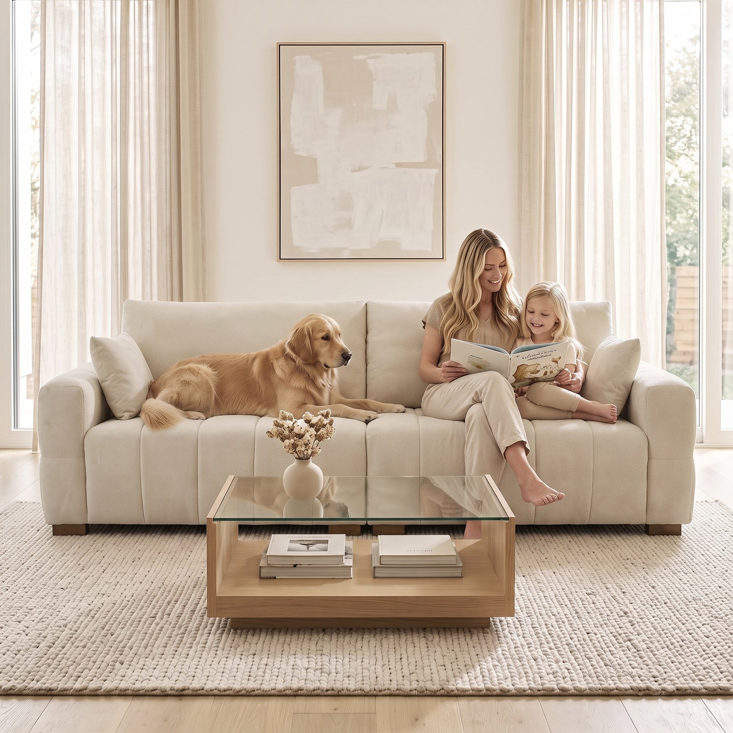 HOMCOM 3 Seater Sofa, Upholstered Velvet Couch for Bedroom with Pillows, Padded Cushion and Wood Legs, Cream White