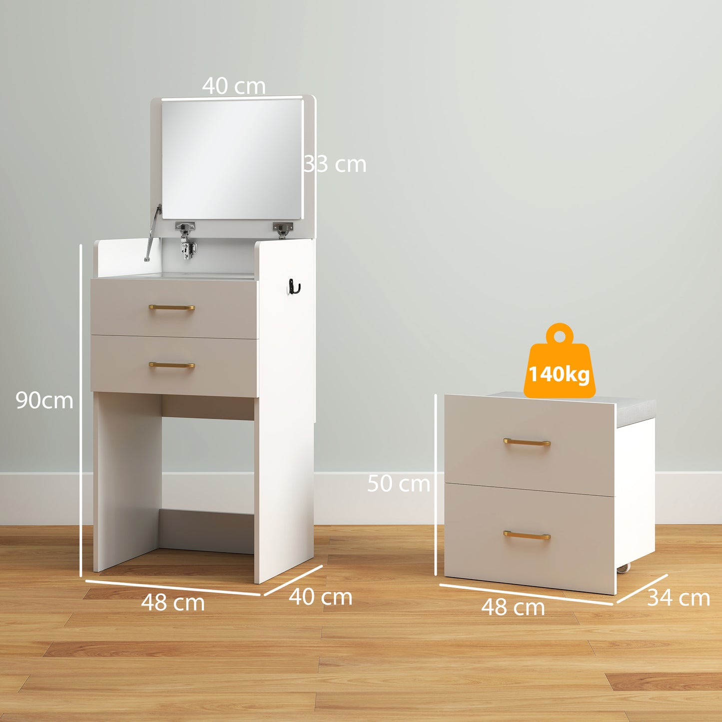 HOMCOM 3-in-1 Dressing Table with Flip-top Mirror, Glass Top, Drawers, Side Hook, Rolling Cushioned Storage Stool, White.