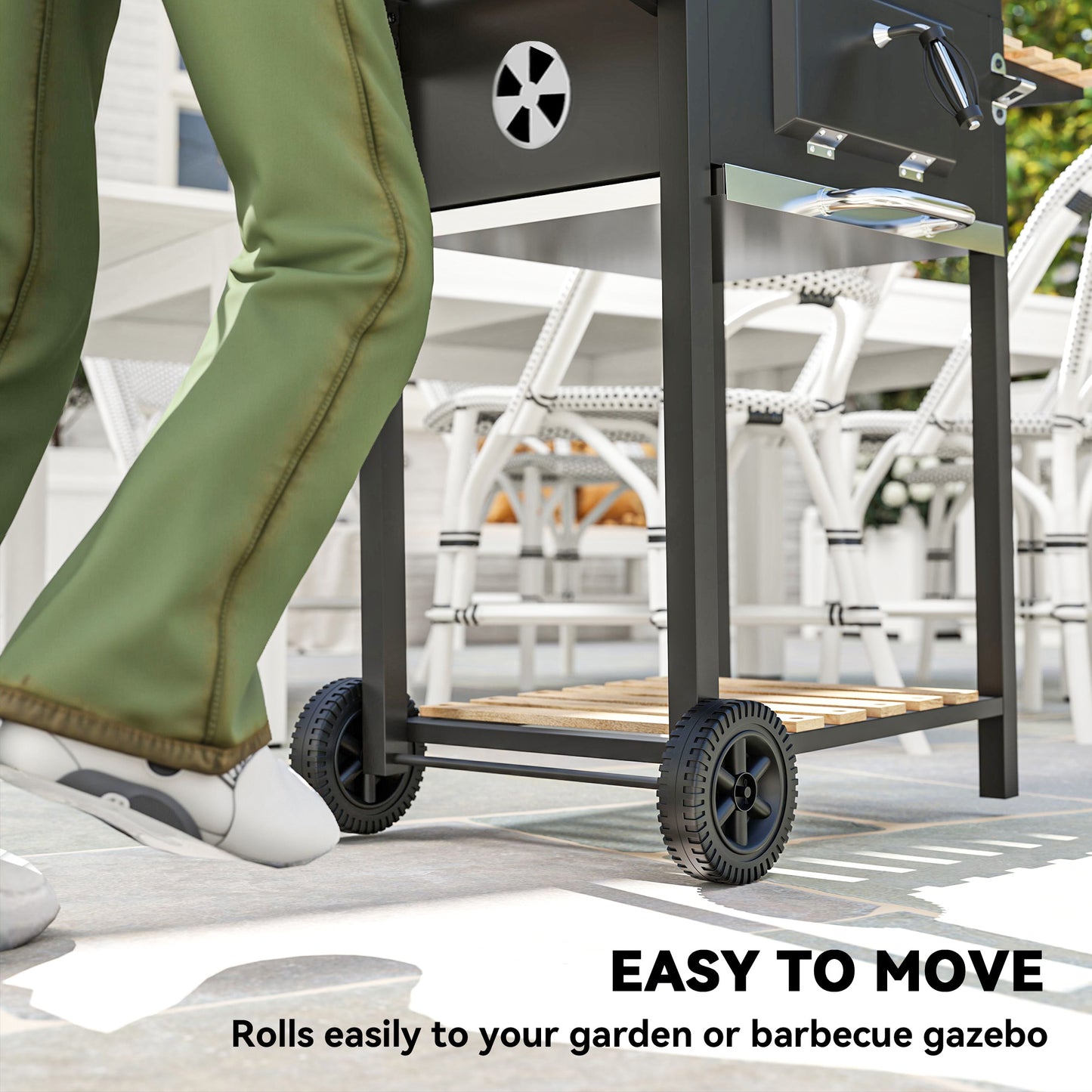 Outsunny Charcoal BBQ Grill, Portable Smoker with Adjustable Pan, Warming Rack, 3 Shelves, Temp Gauge, Wheels, Bottle Opener - Black