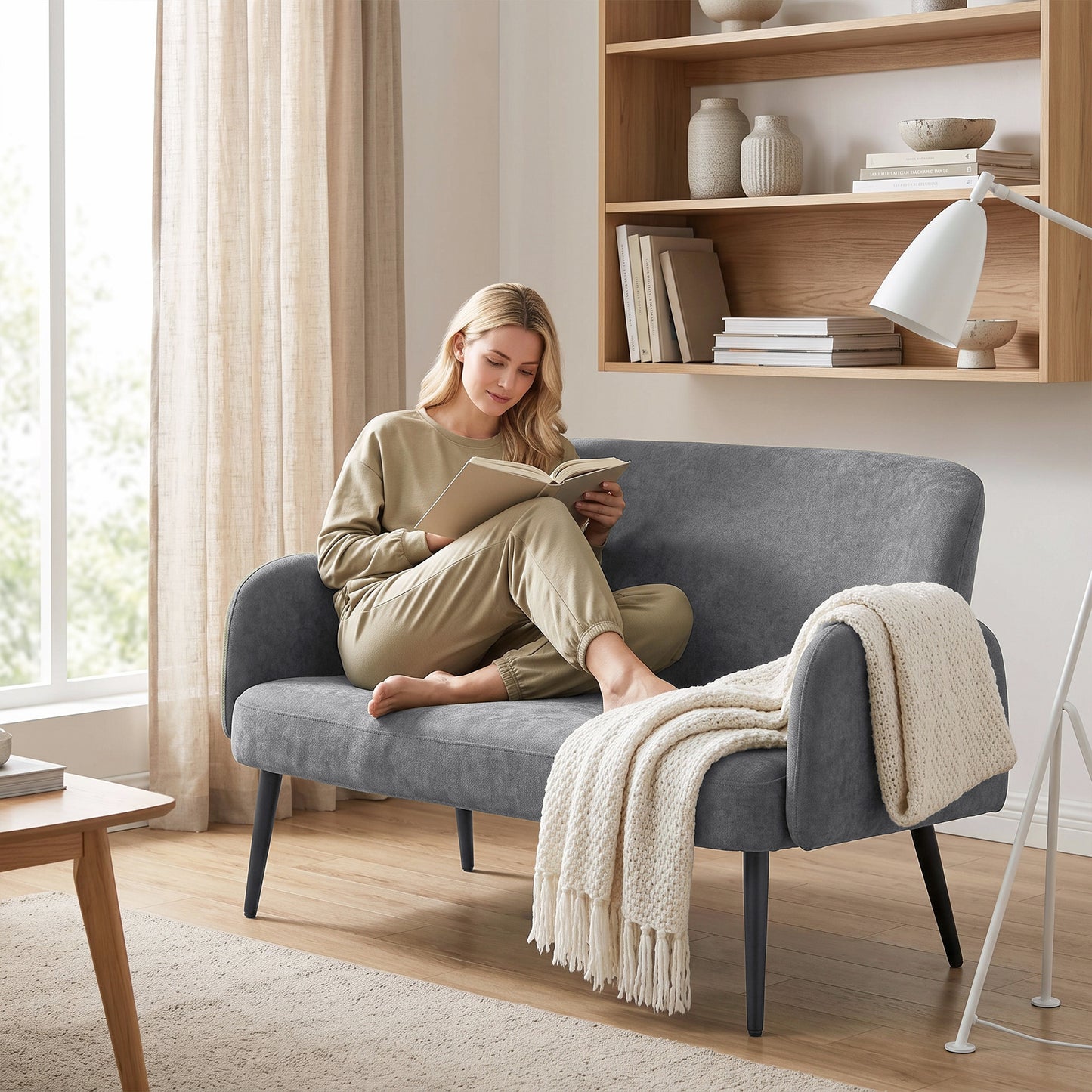 HOMCOM 132cm 2 Seater Sofa, Velvet Comfy Small Sofa Couch with Wide Seat, Thick Padding, Tapered Metal Legs, Light Grey