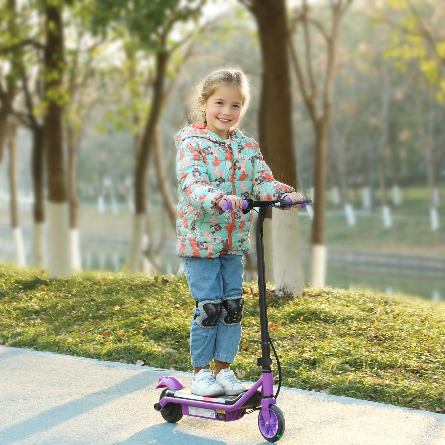 AIYAPLAY Electric Scooter for Kids 6-14, Dual Brakes, Flash Wheel, Colorful Light, Up to 12 KM/H & 10 KM, Purple
