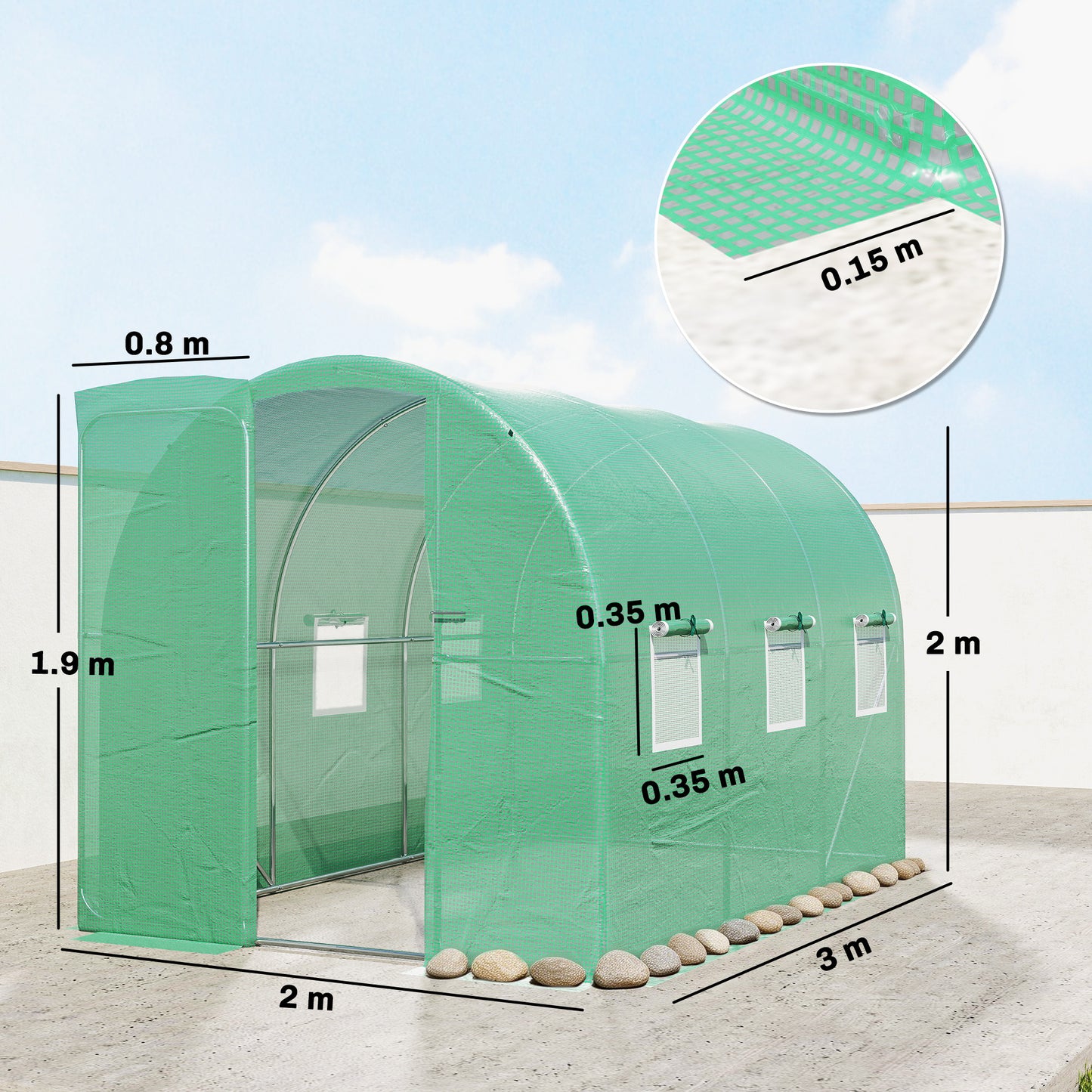 Outsunny 2 x 3 m Walk-in Polytunnel Greenhouse with Hinged Door and 6 Roll Up Mesh Windows, Garden Tunnel Warm House Tent, Green