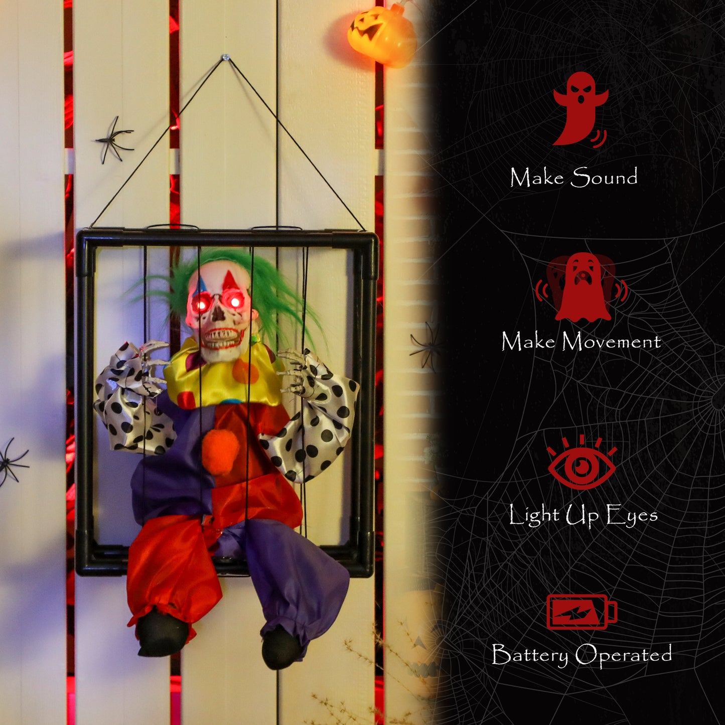 Outsunny Halloween Animated Clown in Cage with LED Eyes, Spooky Decorations, Battery Operated, Indoor Party Props, Halloween Decor - Clown