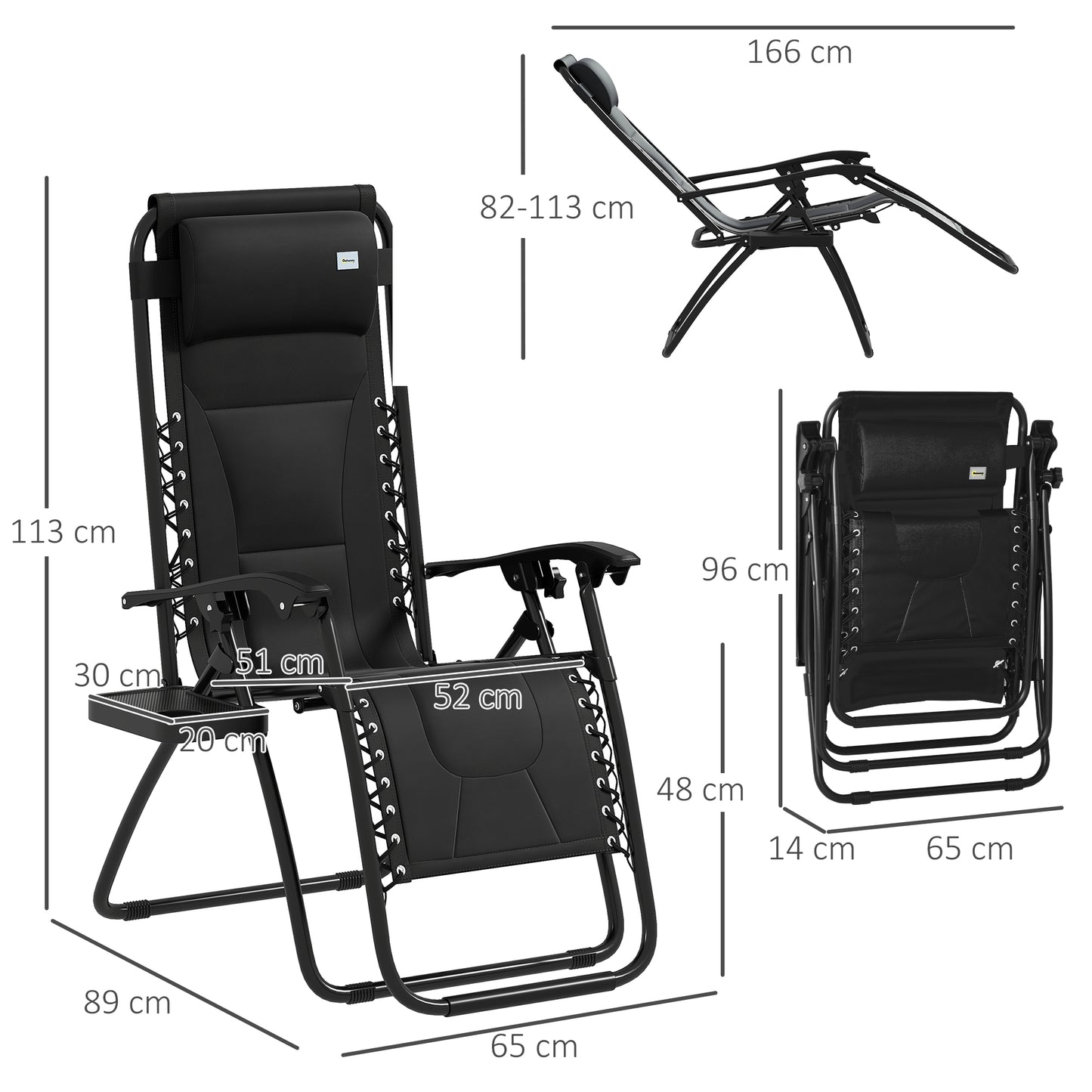Outsunny Foldable Reclining Garden Chair, Zero Gravity Chair with Padded Seat, Cup Holder, Adjustable Backrest, Pillow for Outdoor, Patio, Deck, Black
