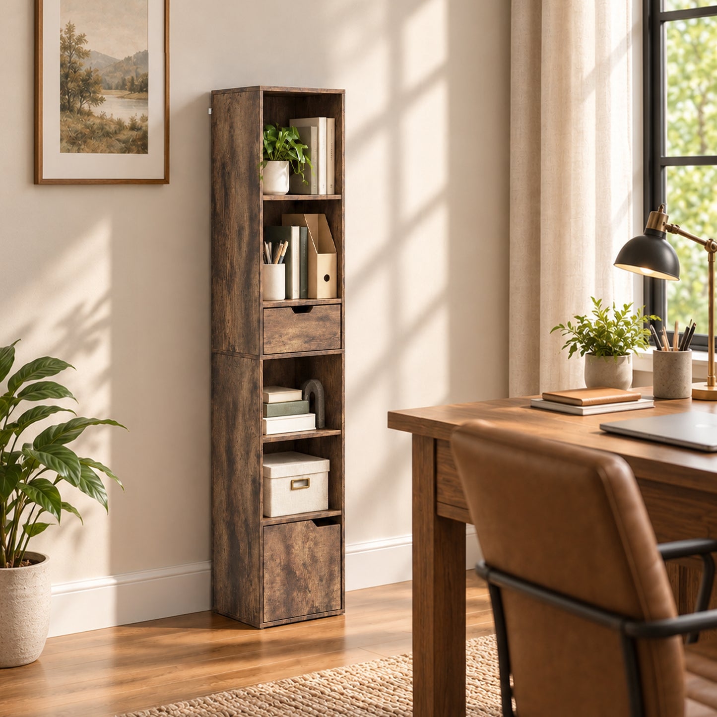 HOMCOM 6-Tier Bookcase, Tall Narrow Bookshelf with Drawer, Door, Adjustable Shelf for Living Room, Rustic Brown