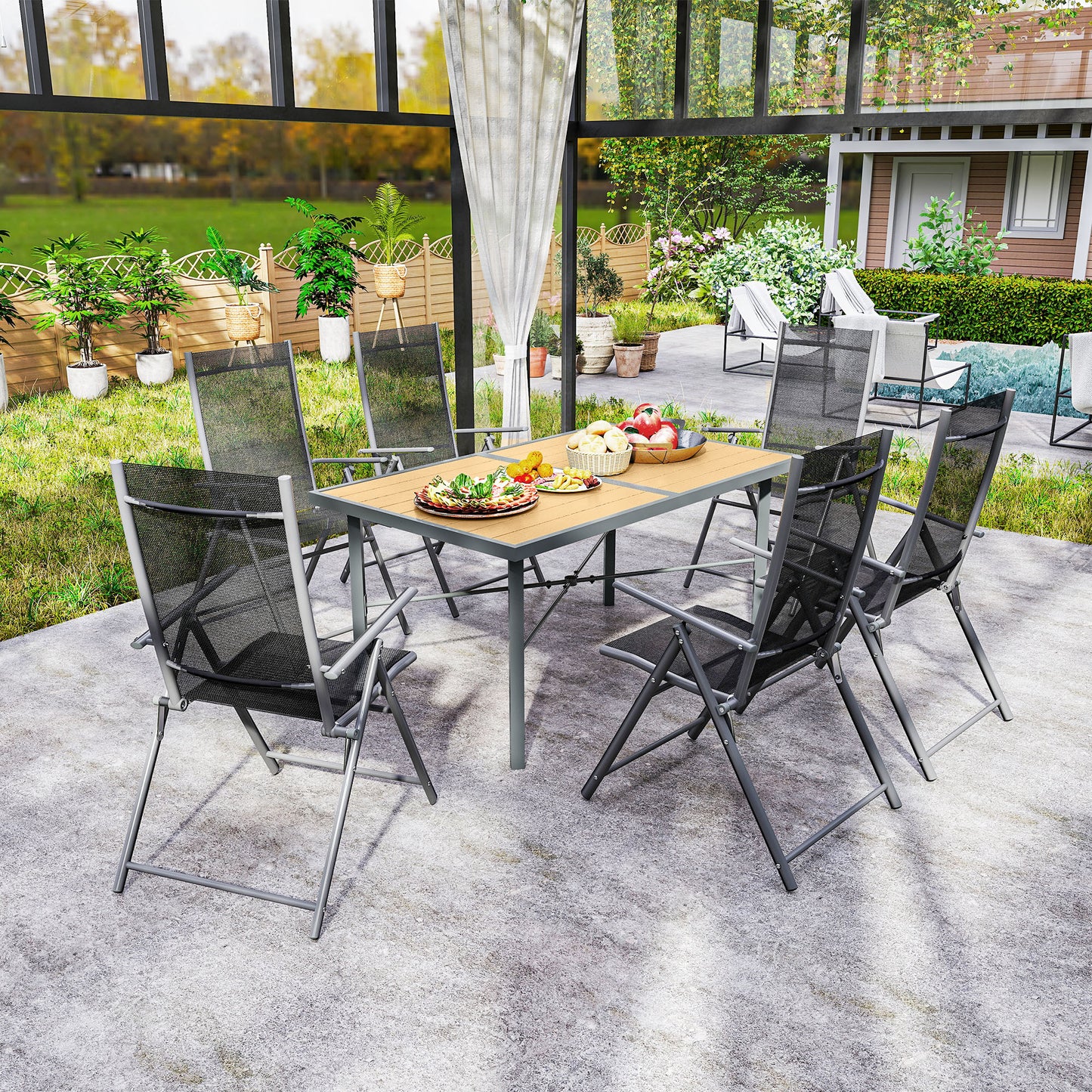 Outsunny Garden Table for 6, Outdoor Dining Table, Wood Effect Top, Rust Resistant Frame, 5cm Umbrella Hole, 150 x 90 cm, for Patio, Balcony, Terrace