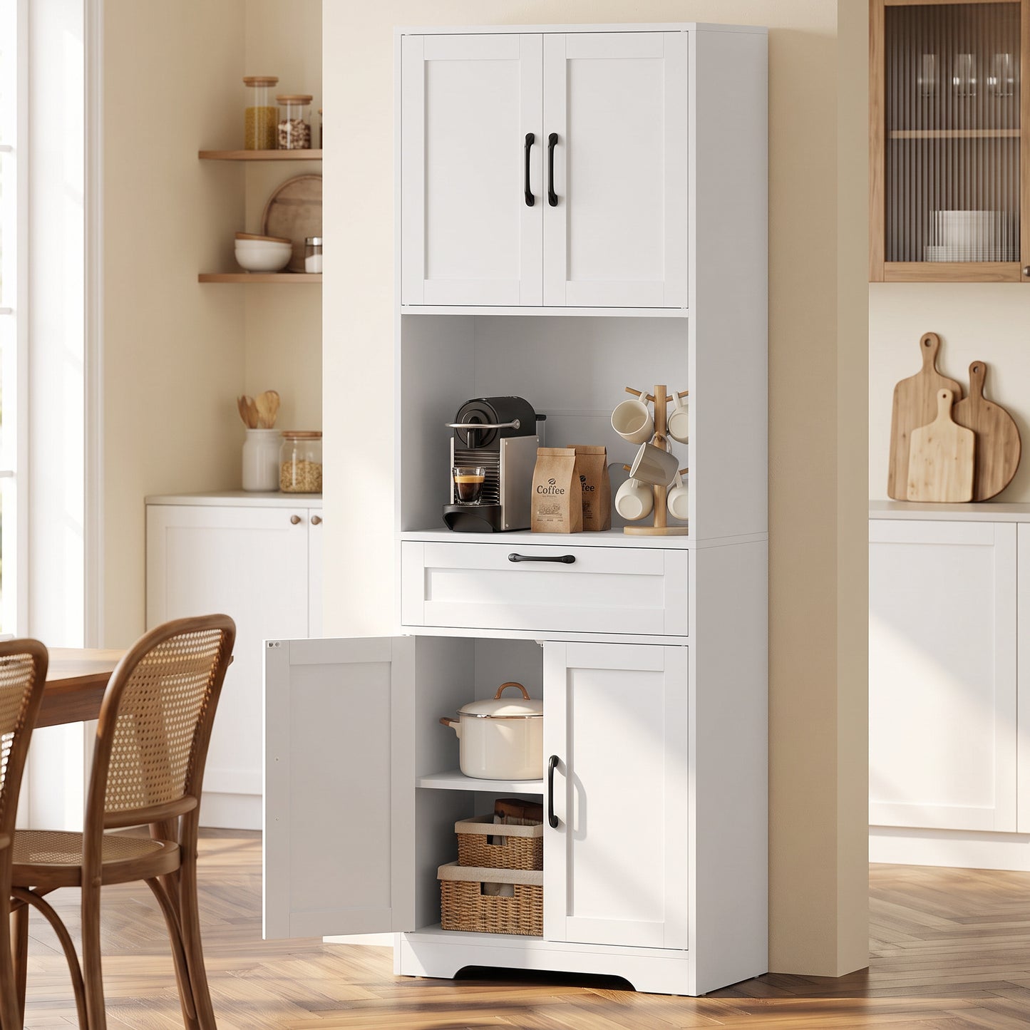 HOMCOM 170 cm Tall Kitchen Pantry with Adjustable Shelves, Freestanding Storage Cabinet with Open Shelf, White Wood Effect