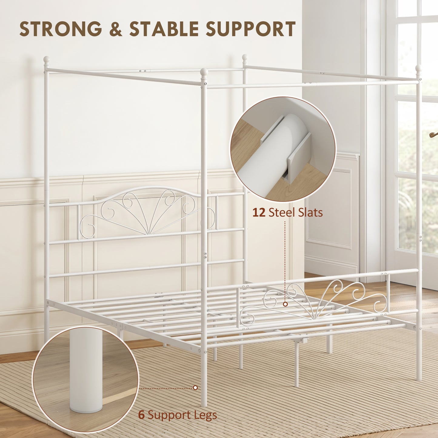 HOMCOM Canopy Bed Frame King Size, Metal Platform Bed Frame with Headboard and Footboard, Underbed Storage, White