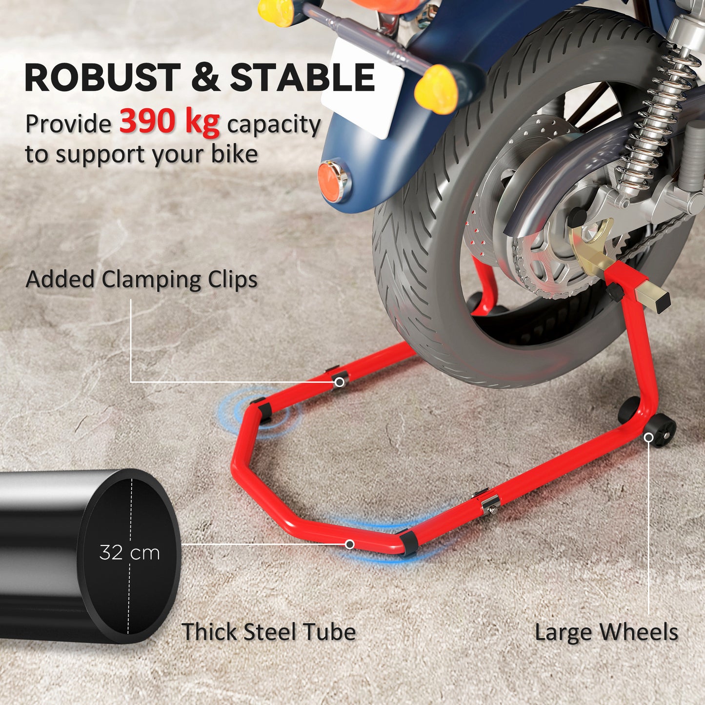 HOMCOM Motorcycle Stand, Front/Rear Paddock Stand, with 390 kg Weight Capacity, Red