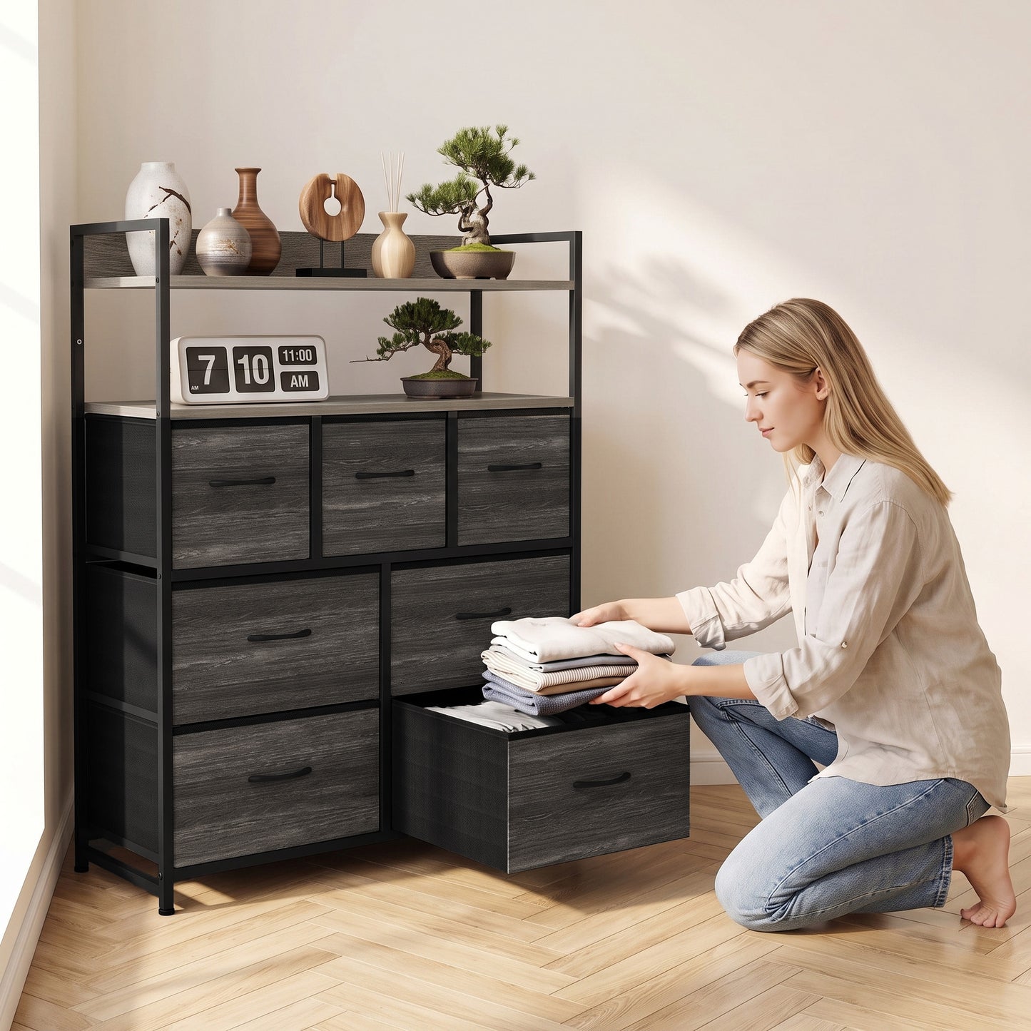 HOMCOM Chest of Drawers, Bedroom Fabric Dresser with 7 Drawers, Storage Organiser Unit with Open Shelves, Grey Wood-Effect