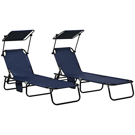 Outsunny 2 Piece Folding Sun Loungers, Adjustable Garden Recliner Chairs with Canopy, Dark Blue