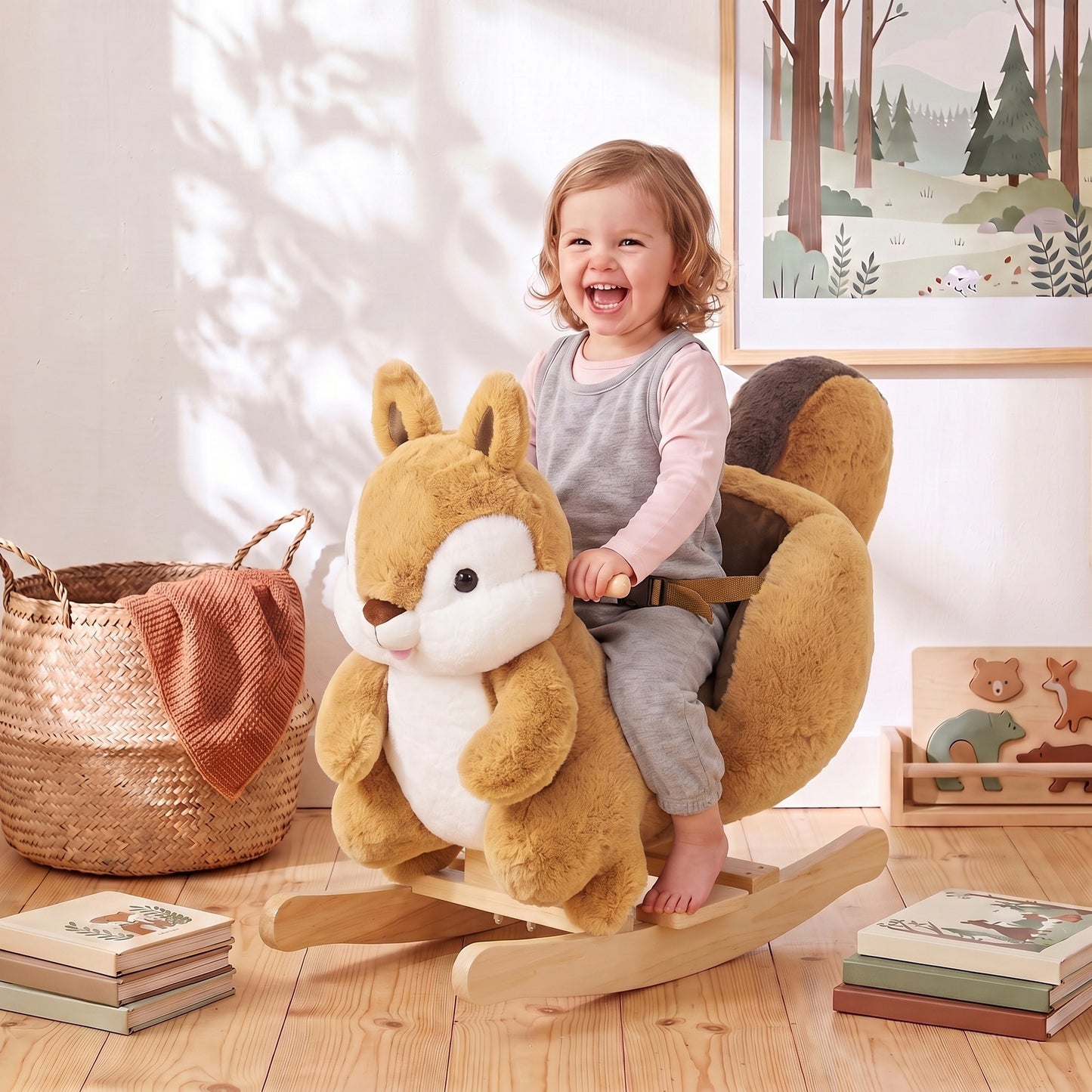 AIYAPLAY Rocking Horse, Stable Plush Ride on Horse Squirrel Design with Animal Sounds, Security Belt for Toddlers 1-3 Y, Brown