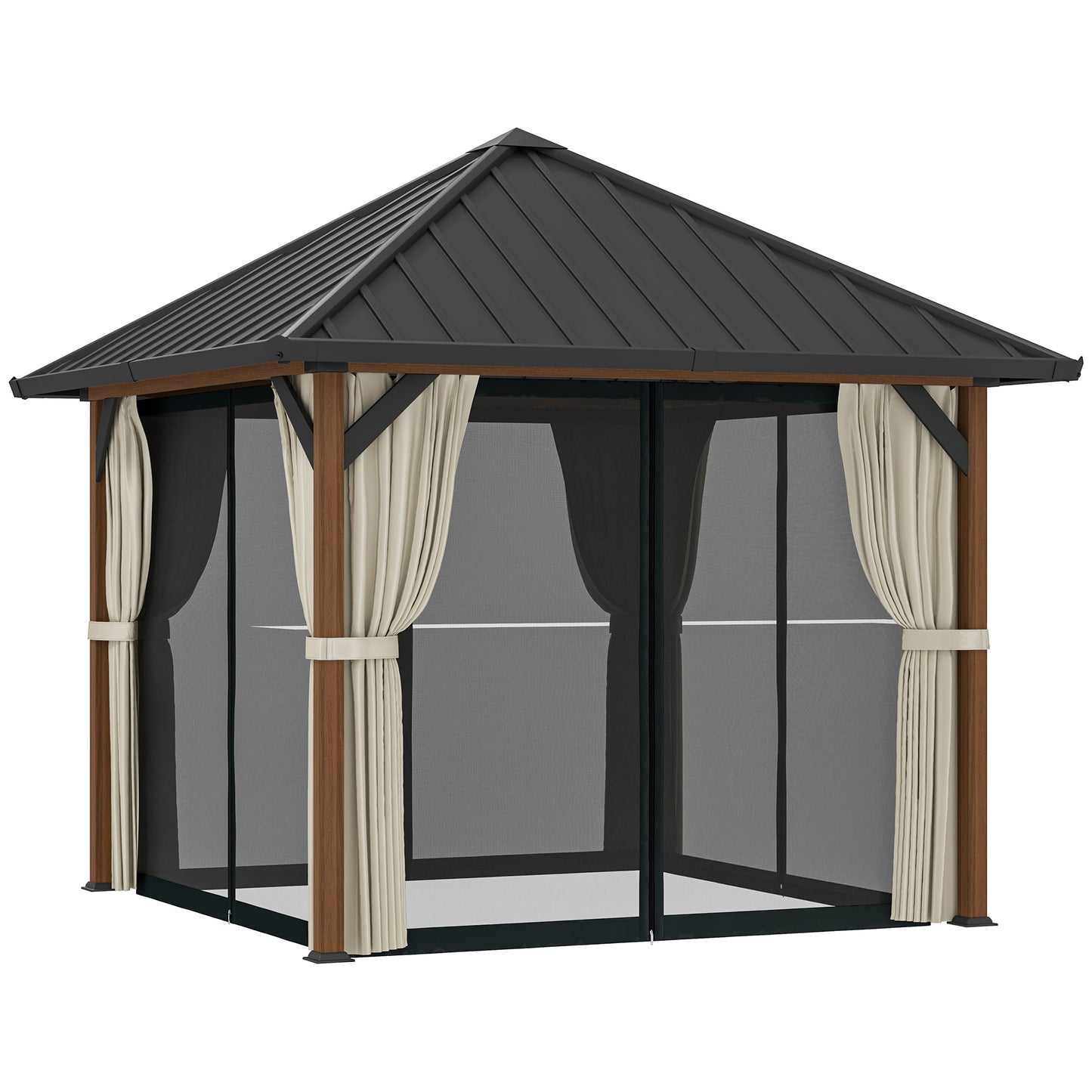 Outsunny 3x3m Hardtop Gazebo, Galvanised Steel Roof, Waterproof, Netting & Curtains, Walnut Finish