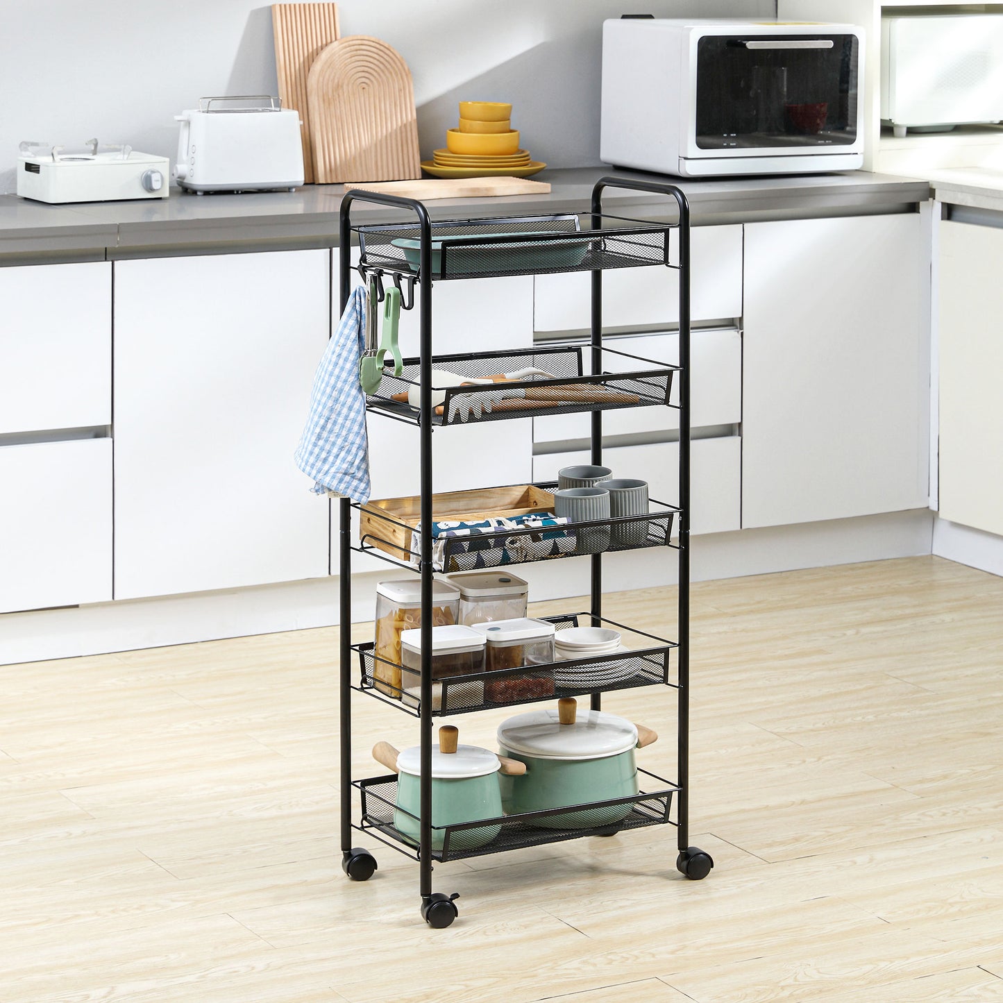 HOMCOM 5 Tier Utility Rolling Cart Black