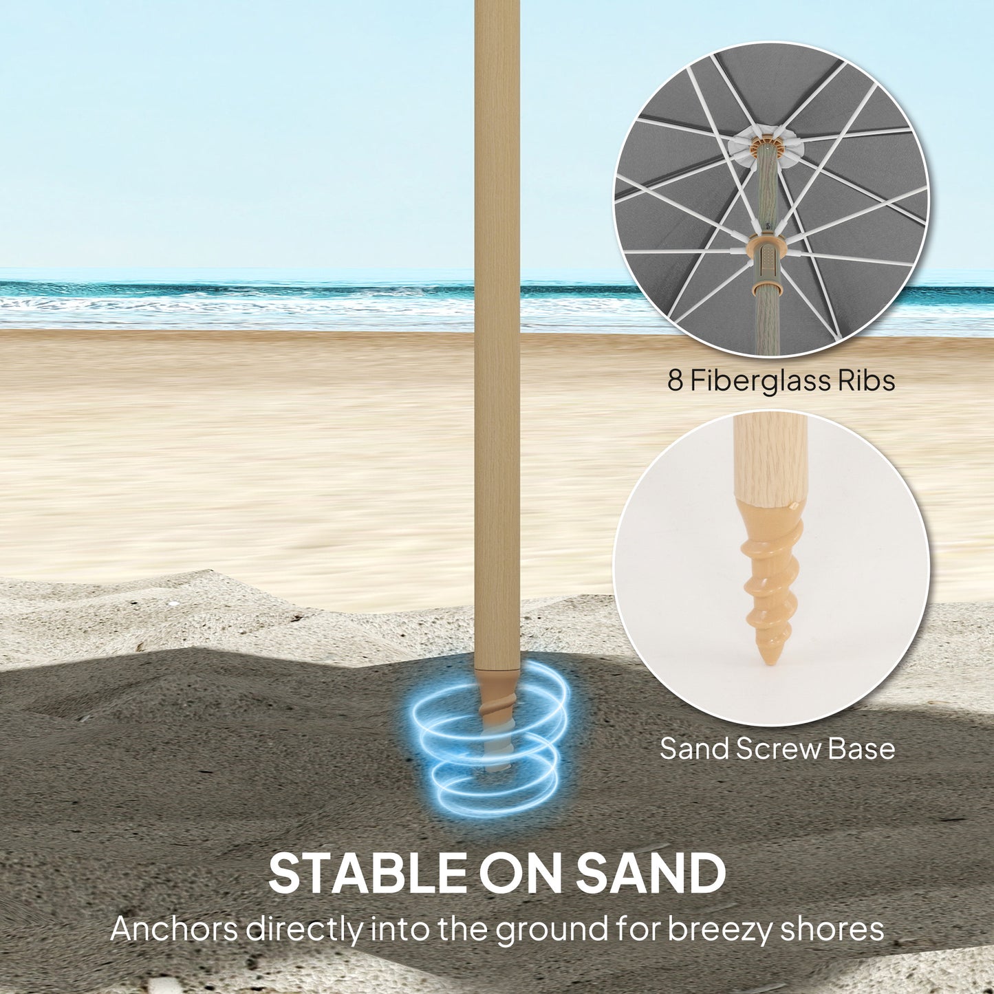 Outsunny 1.7 m Beach Umbrella with Sand Anchor, 30° Tilting Beach Garden Parasol with Adjustable Height, Grey