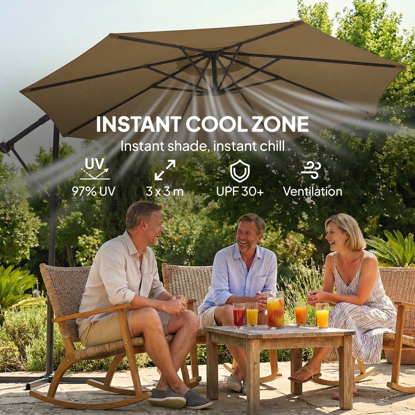 Outsunny 3 m Garden Cantilever Parasol with Cover, Round Overhanging Umbrella with 360° Rotation, Tilt, Khaki