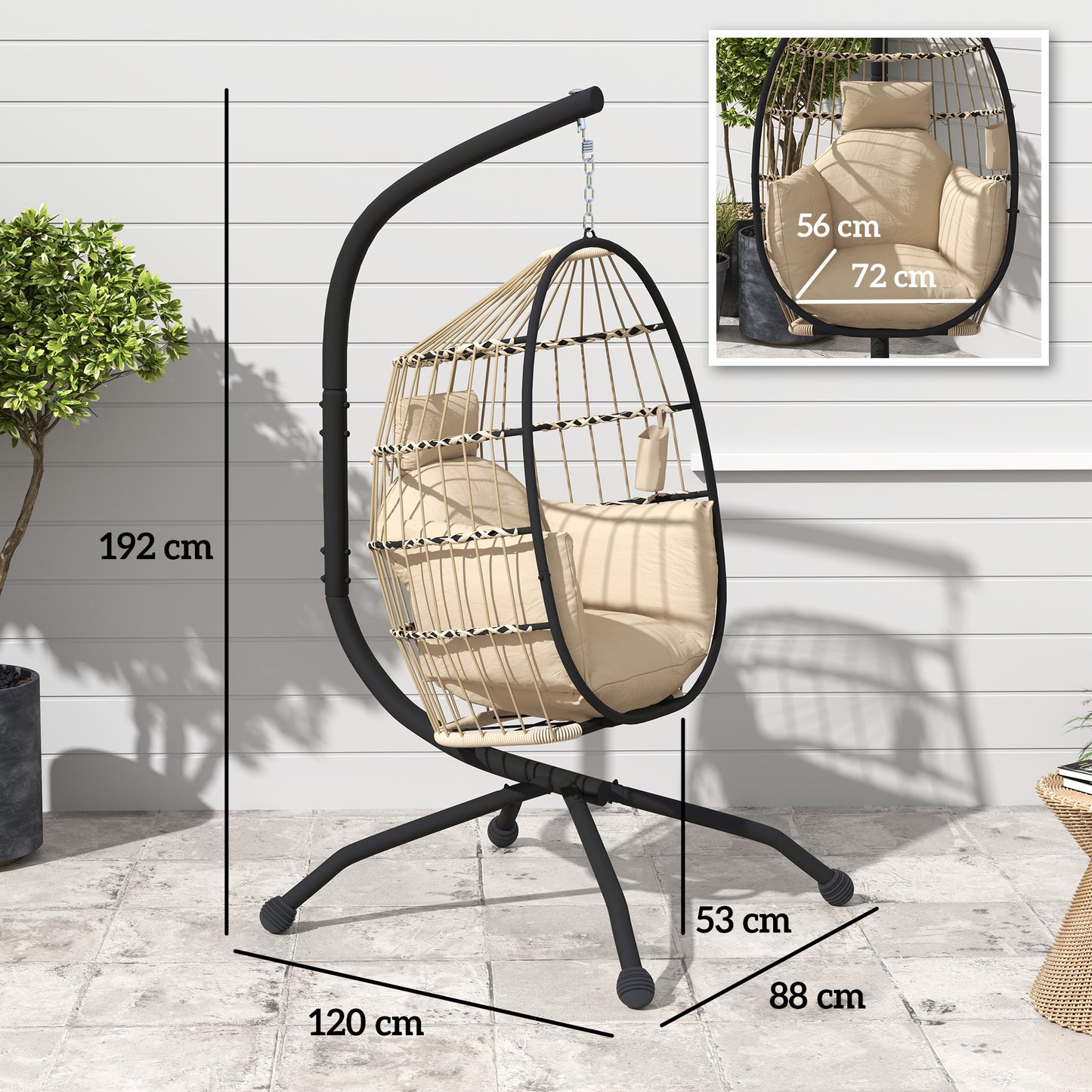 Outsunny Hanging Egg Chair with Stand, Cushion, Headrest & Cup Holder for Garden, Patio, Balcony, Khaki