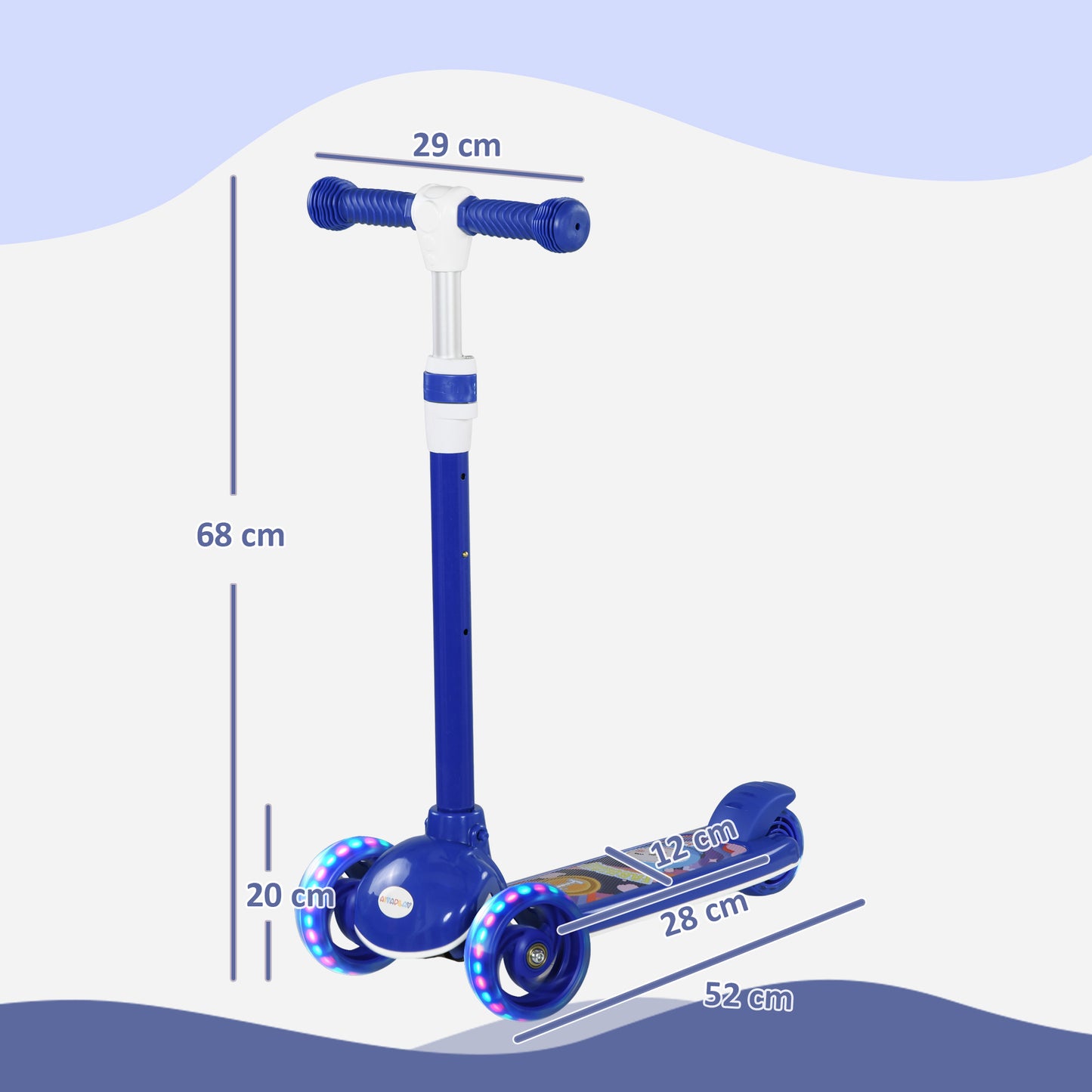 AIYAPLAY Kids 3 Wheel Scooter for 2-6 Years Old w/ Adjustable Height, LED Light, TPE Handlebar, Blue