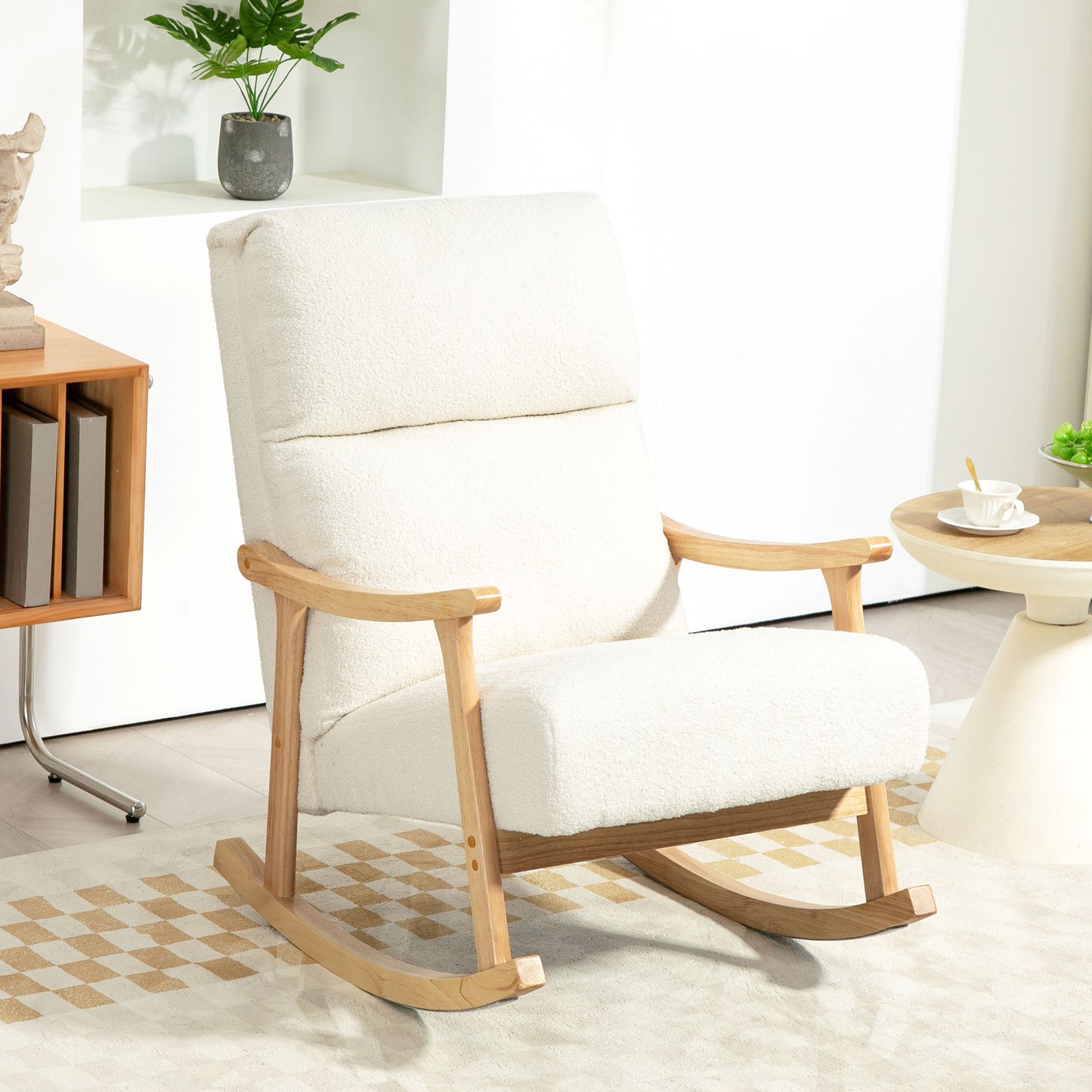 HOMCOM Upholstered Rocking Chair, Teddy Fleece Fabric, High Back, Armrests, Rubberwood Legs, Cream White