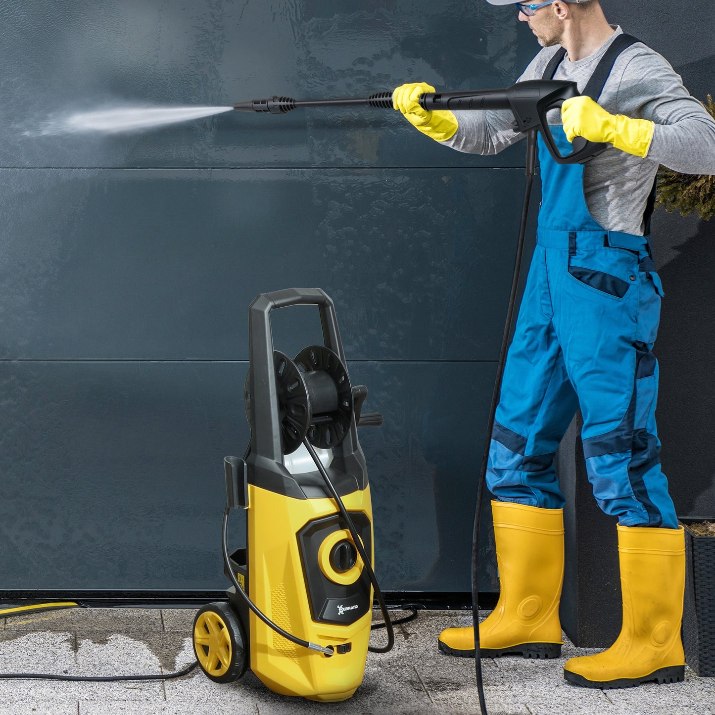 DURHAND 1800W High Pressure Washer, 150 Bar, 510 L/h Flow, Portable Jet Wash with 6M Hose & Reel, Yellow