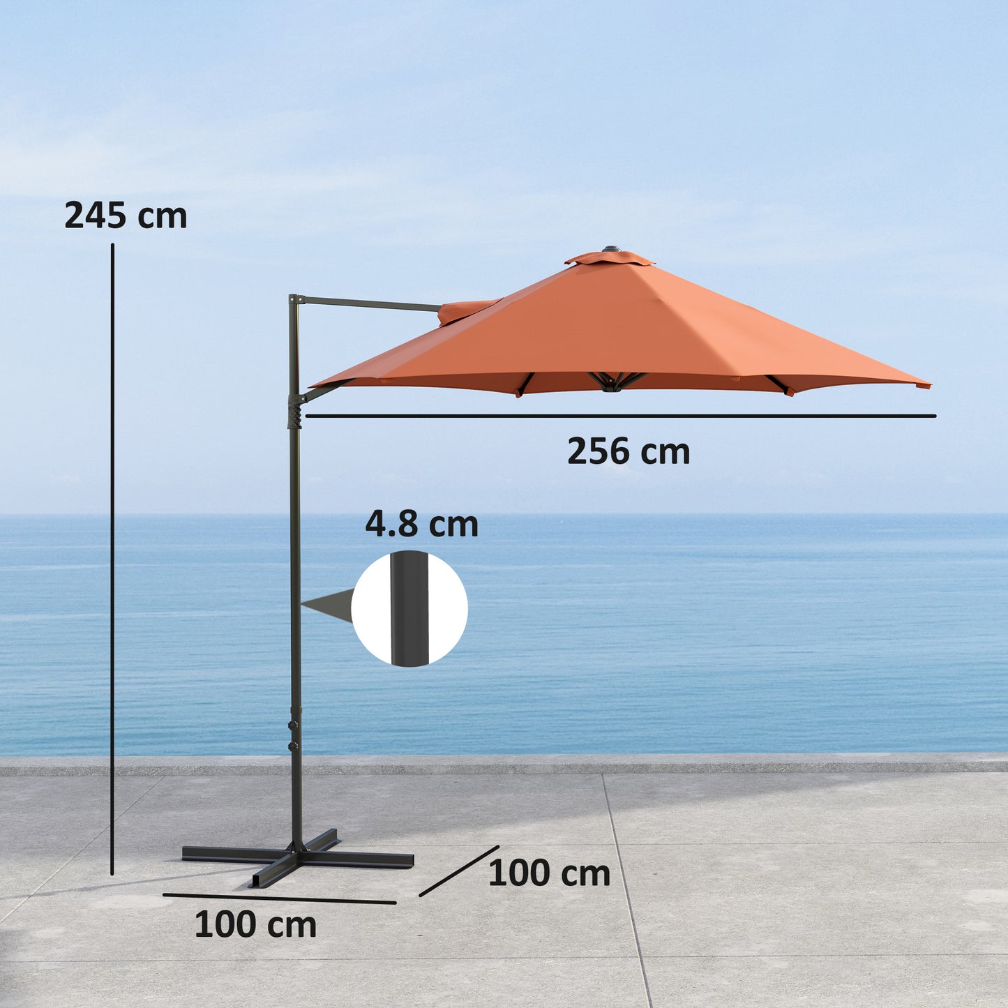 Outsunny 2.5M Garden Cantilever Parasol, Offset Roma Patio Umbrella Hanging Sun Shade Canopy Shelter with 360° Rotation and Cross Base, Orange