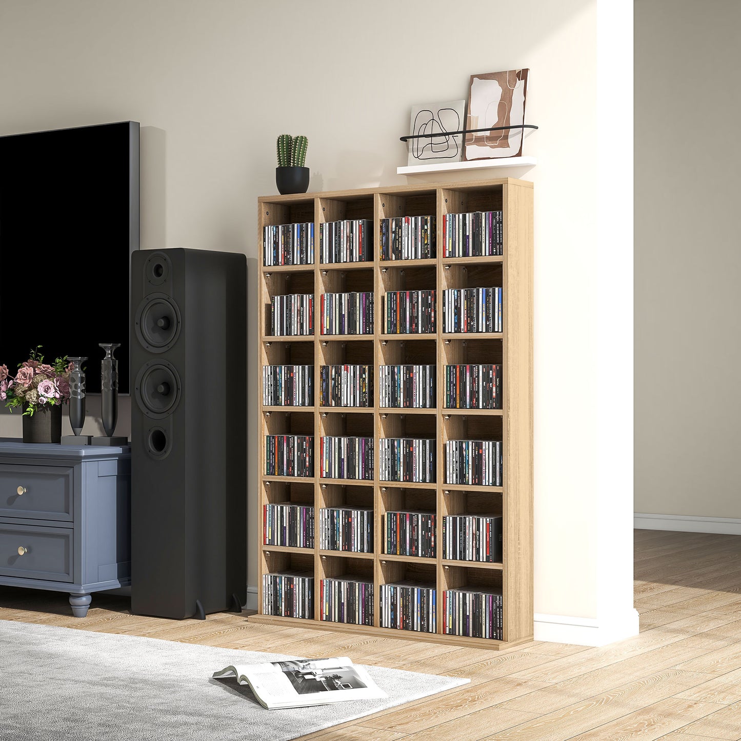 HOMCOM CD Storage Unit with Adjustable Shelves, 89 x 130.5 cm, Natural Wood Finish