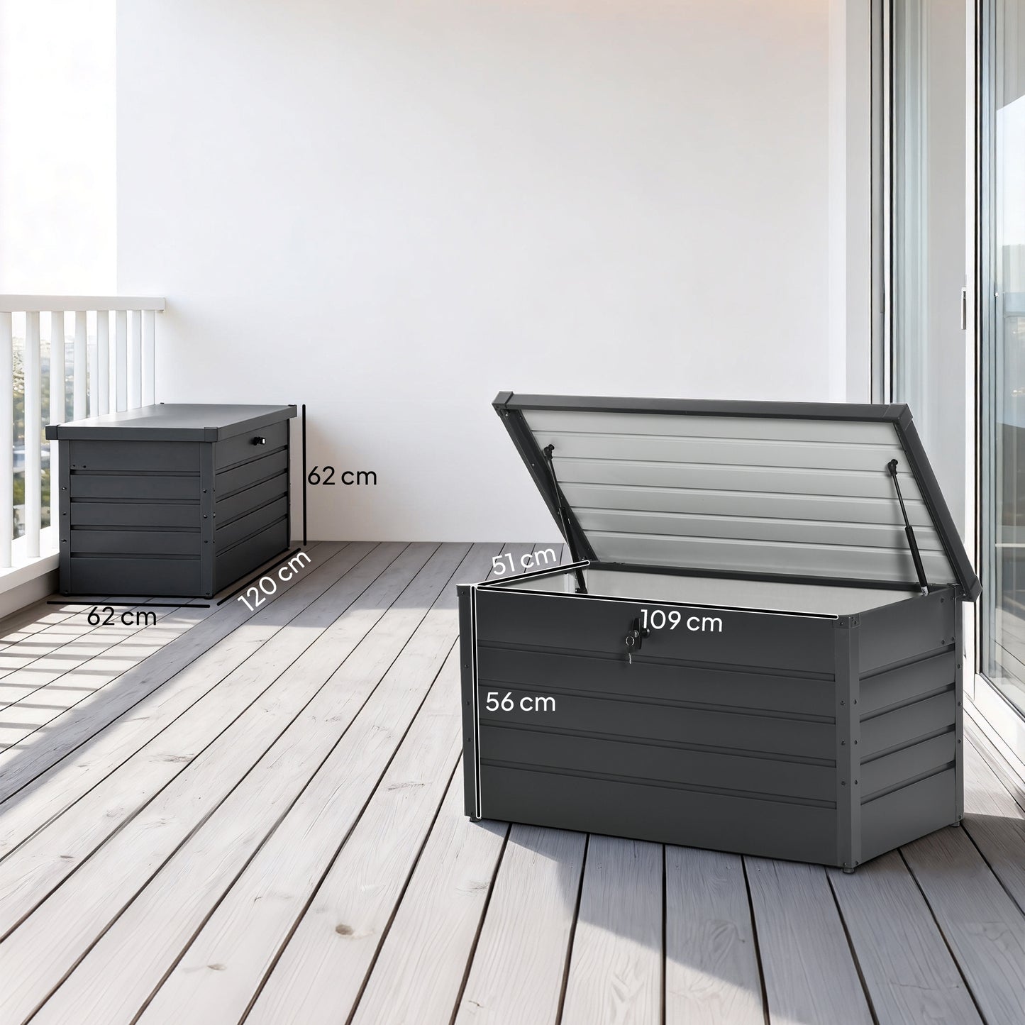 Outsunny 311L Garden Storage Box, Outdoor Storage Box Waterproof with Lockable Lid, Galvanised Steel Garden Bench for Tools