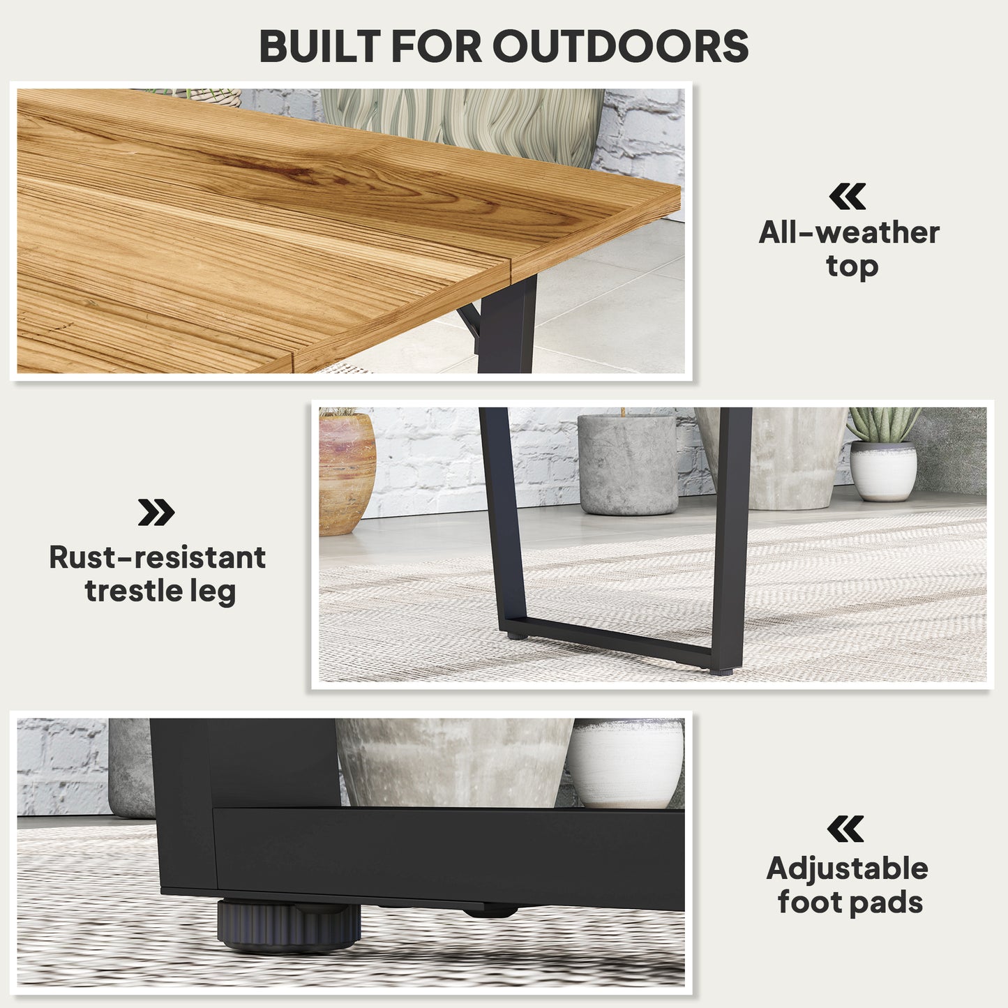 Outsunny Patio Table, 175x80cm Rectangle, Slatted Top, Parasol Hole, Weather-Resistant Fir Wood for Balcony/Terrace, Brown