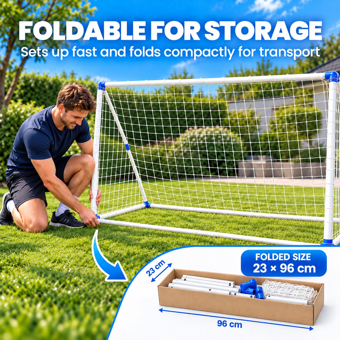 SPORTNOW Football Goal, 183 x 96 x 130 cm Foldable Practice Football Net with Ball Pump, Ground Stakes and PVC ball, White