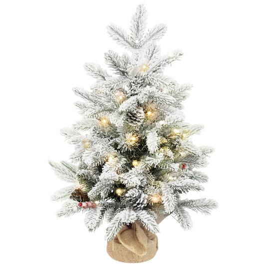 HOMCOM 60cm Prelit Christmas Tree w/ 35 LED Lights, Snow Flocked, Pine Cones, Berries, Linen Base, Battery Operated, Green