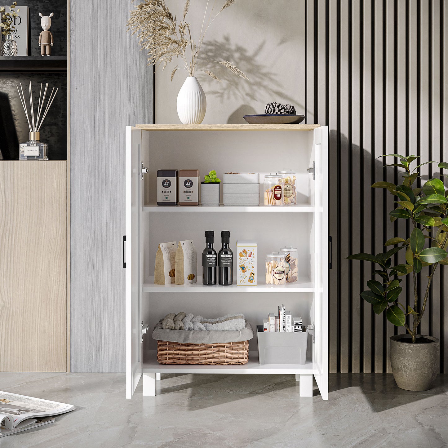 HOMCOM Nordic Sideboard Storage Cabinet with Adjustable Shelf Coffee Bar Cabinet Two Doors 60 x 30 x 90 cm White