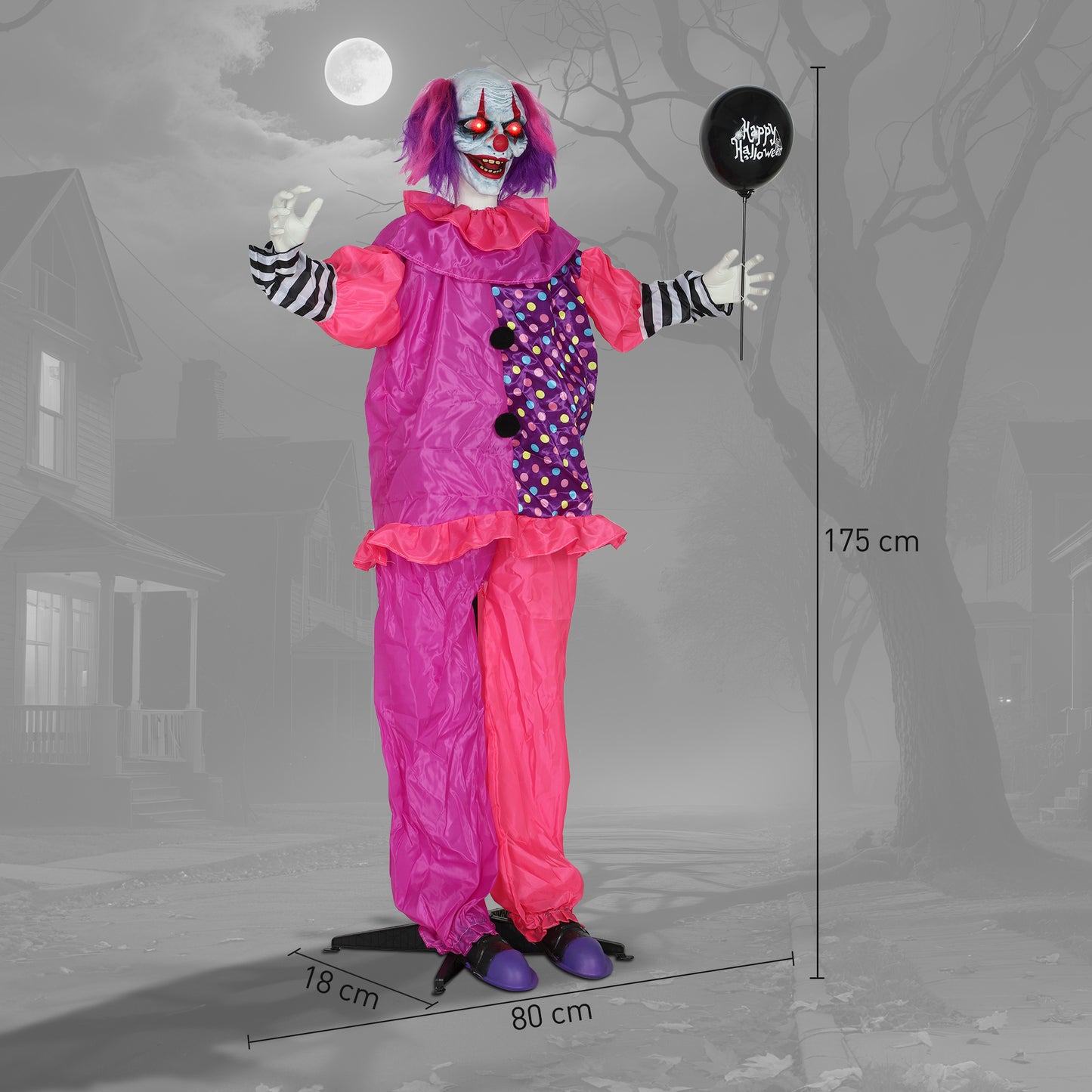 Outsunny Life Size Halloween Animated Clown with Light Up Eyes, Sound Activated, Moving Body, Battery Operated, Indoor Props, 175 cm, Red Eyes