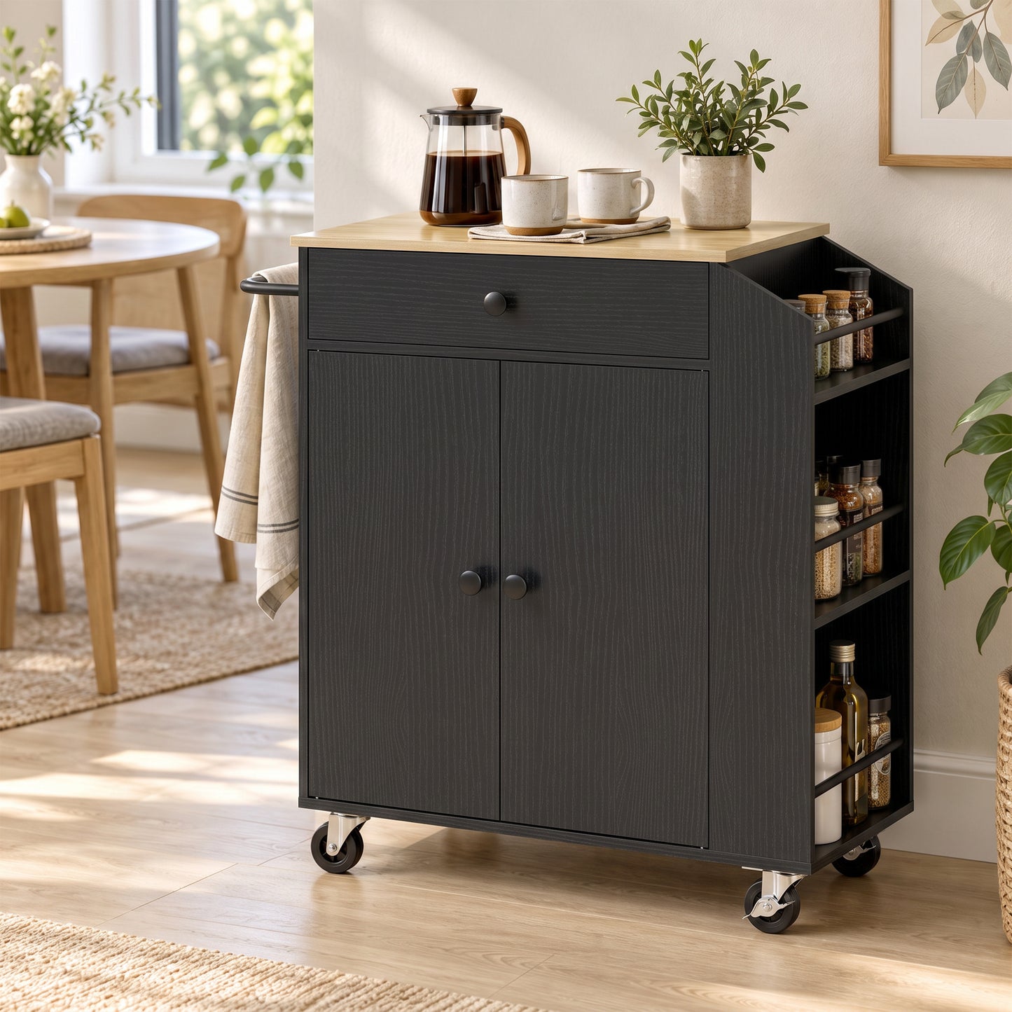 HOMCOM Rolling Kitchen Island with 3-Tier Spice Rack, Kitchen Storage Cart with Drawer and Towel Rack, Black