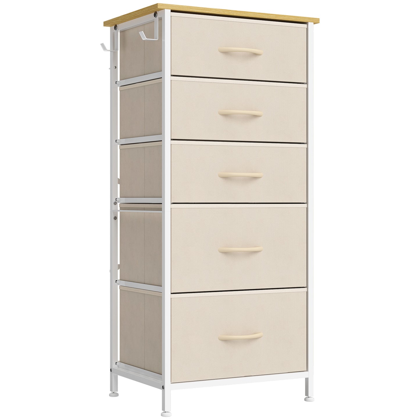 HOMCOM Chest of Drawers, Dresser with 5 Fabric Drawers, Tall Storage Unit with 4 Pockets and 2 Hooks Steel Frame, Beige