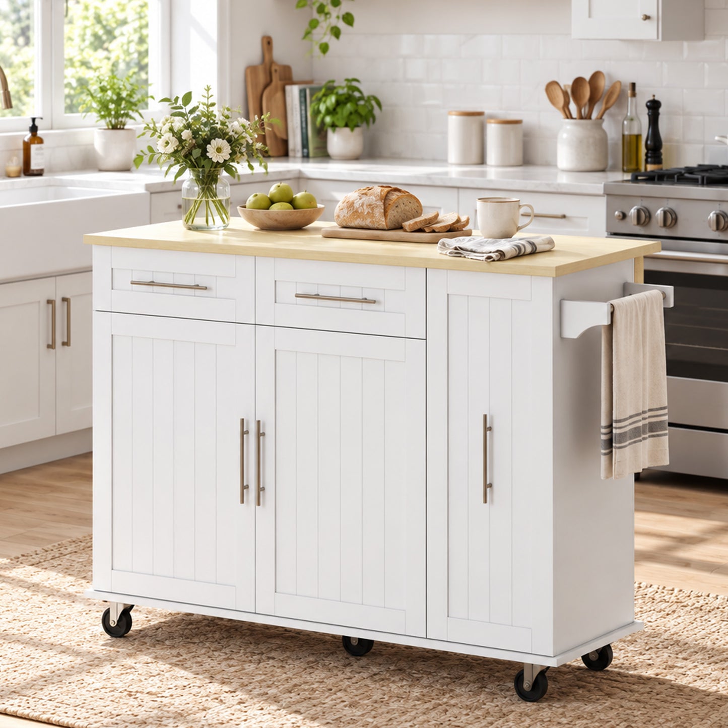 HOMCOM Kitchen Island, Rolling Kitchen Cart with Drop Leaf, Storage Trolley, Pull-out Storage, Drawers and Towel Rack, White