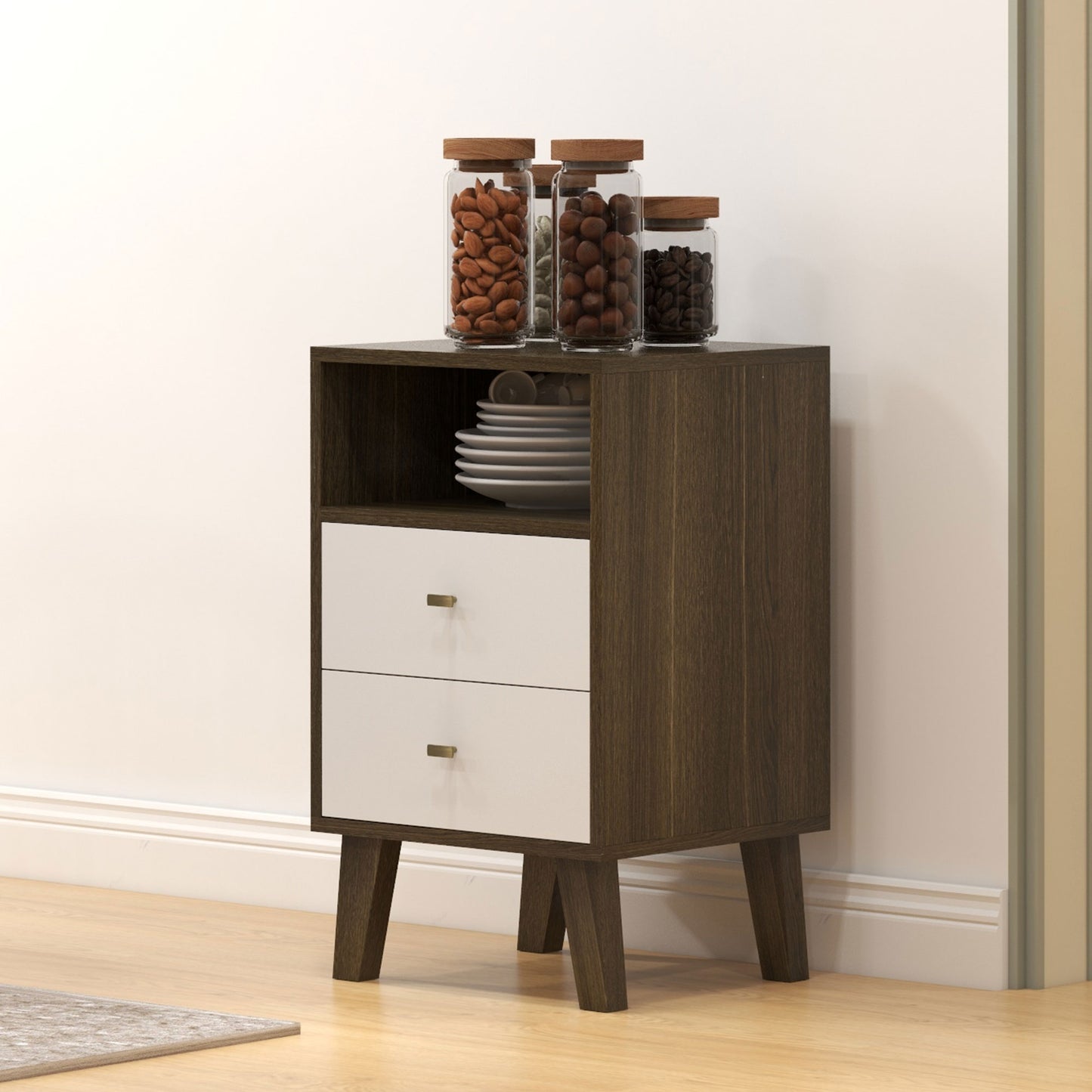 HOMCOM Industrial-Scandinavian Mix Bedside Table, with Drawers and Shelf