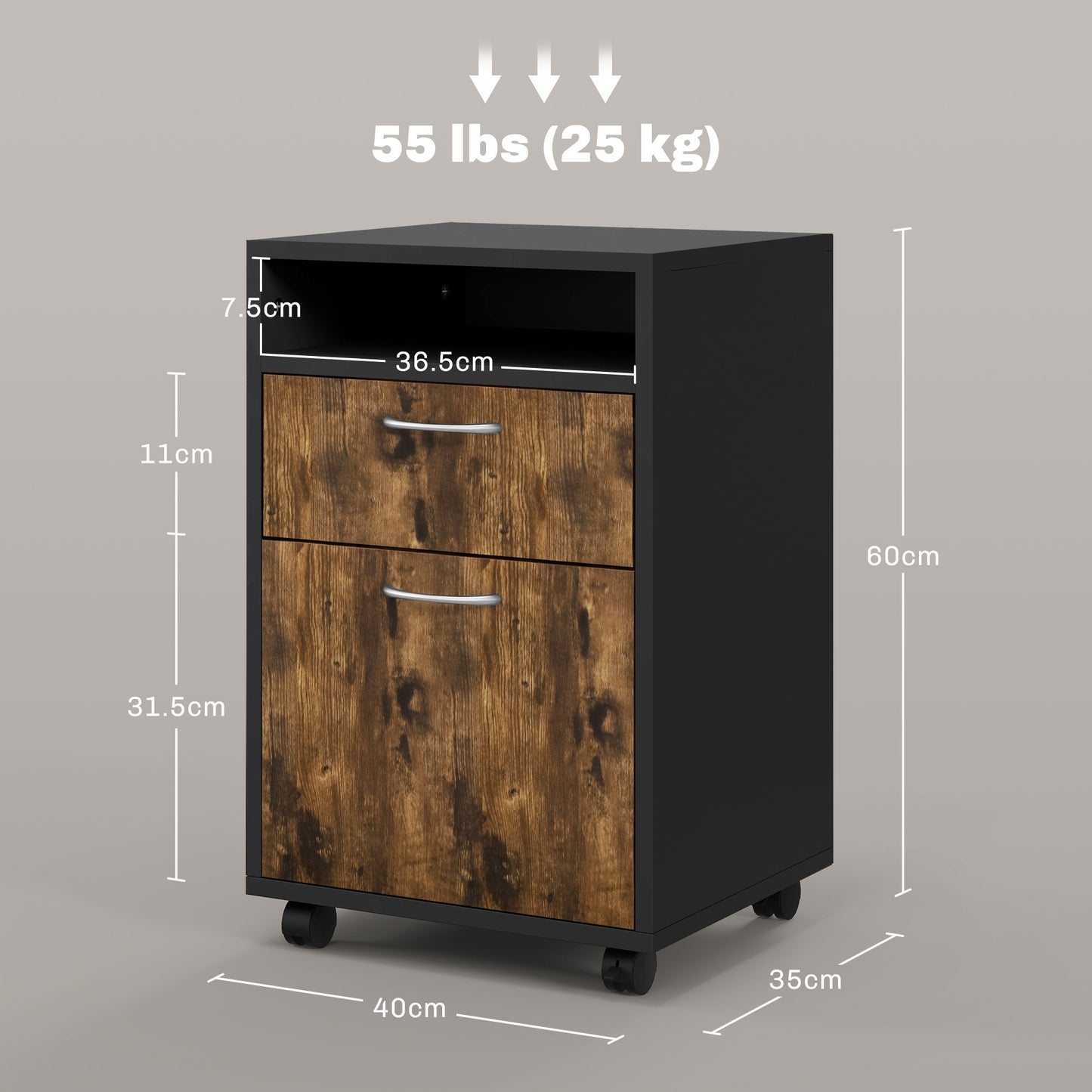 HOMCOM 60cm Storage Cabinet with Drawer, Open Shelf, Metal Handles and 4 Wheels, Office Home Organiser Mobile Printer, Rustic Brown