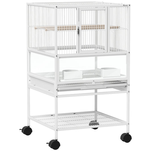 PawHut Bird Cage with Rolling Stand, Acrylic Viewing Panels, Storage Shelf, for Budgie, Parakeet, 48 x 46 x 83 cm